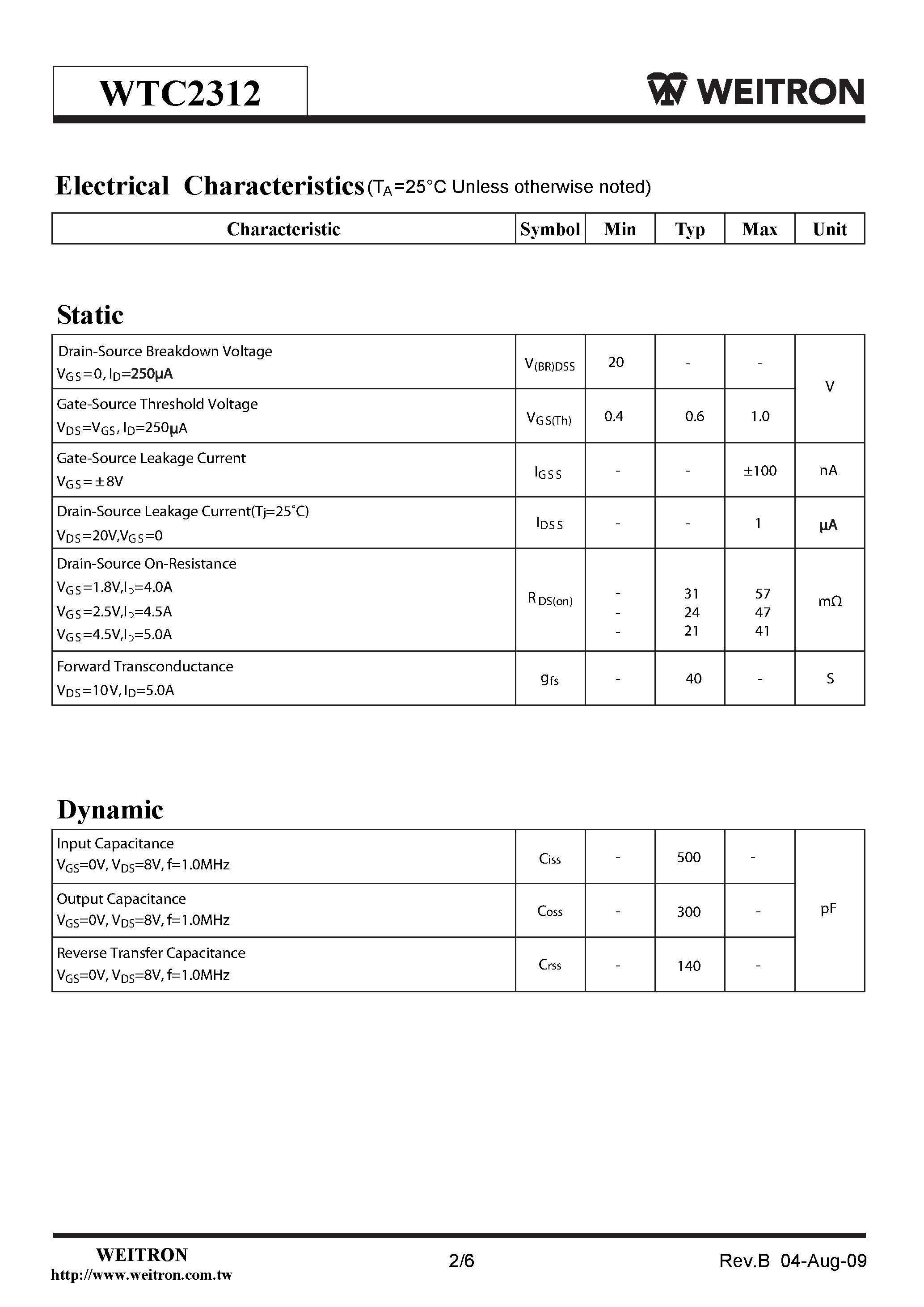 Datasheet WTC2312 page 2 Datasheet WTC2312 - N-Channel Enhancement Mode Power MOSFET page 2