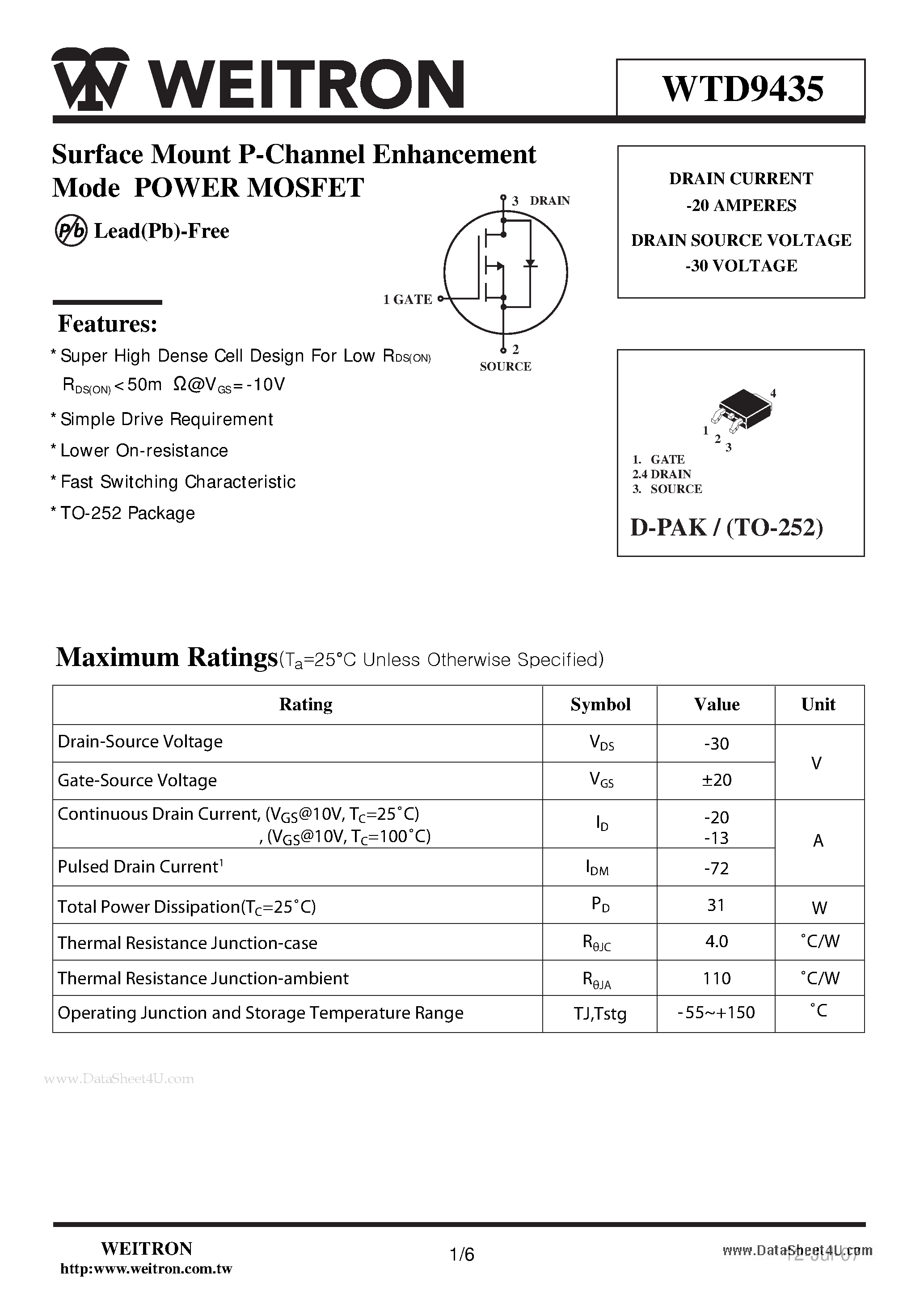 Datasheet WTD9435 page 1 Datasheet WTD9435 - Surface Mount P-Channel Enhancement Mode POWER MOSFET page 1