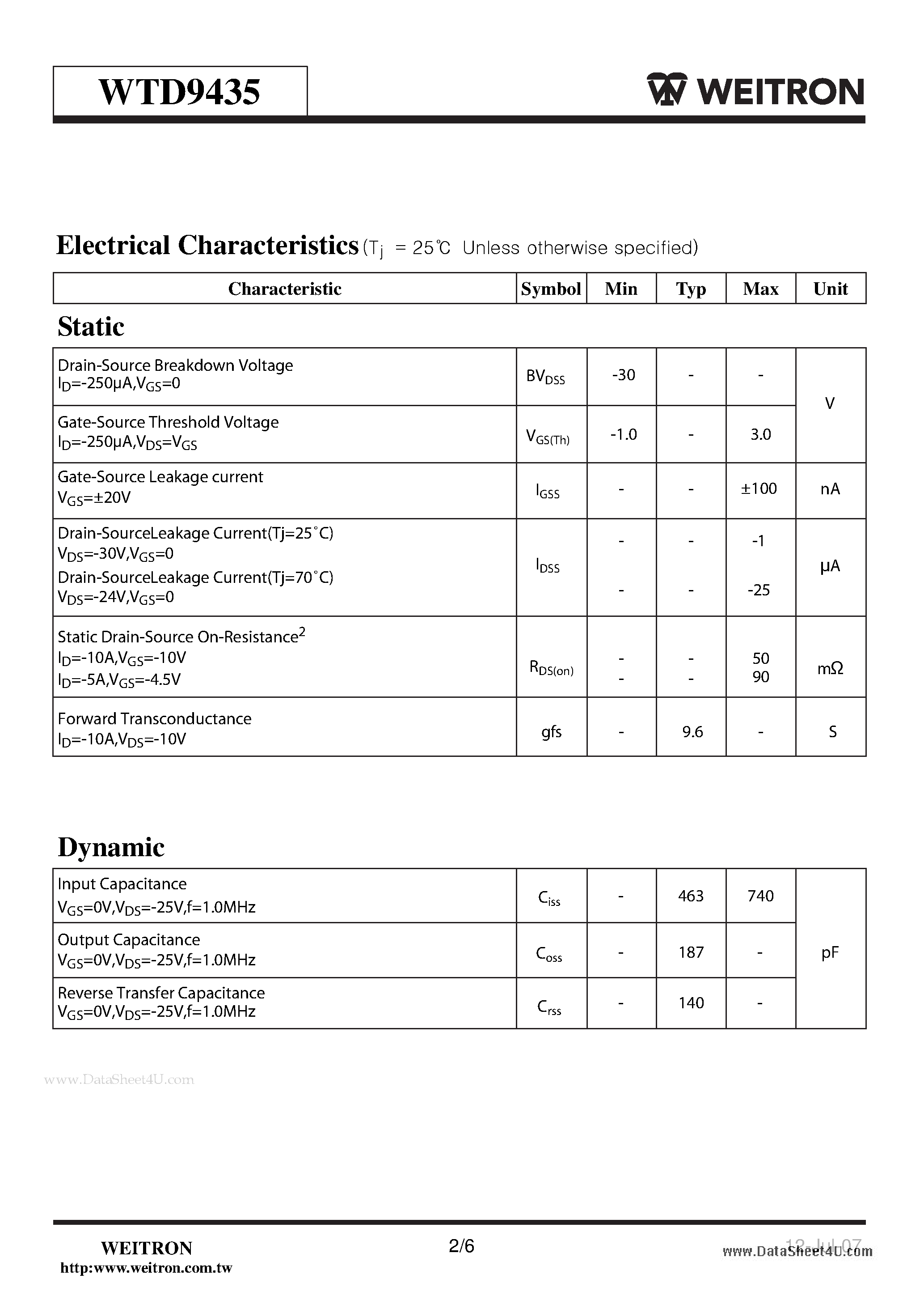 Datasheet WTD9435 page 2 Datasheet WTD9435 - Surface Mount P-Channel Enhancement Mode POWER MOSFET page 2