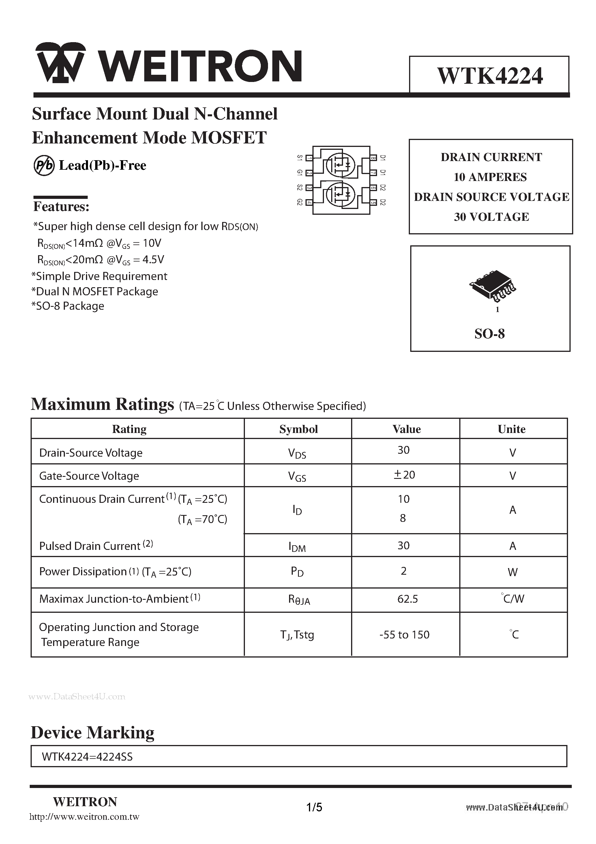 Datasheet WTK4224 page 1 Datasheet WTK4224 - Surface Mount Dual N-Channel Enhancement Mode POWER MOSFET page 1