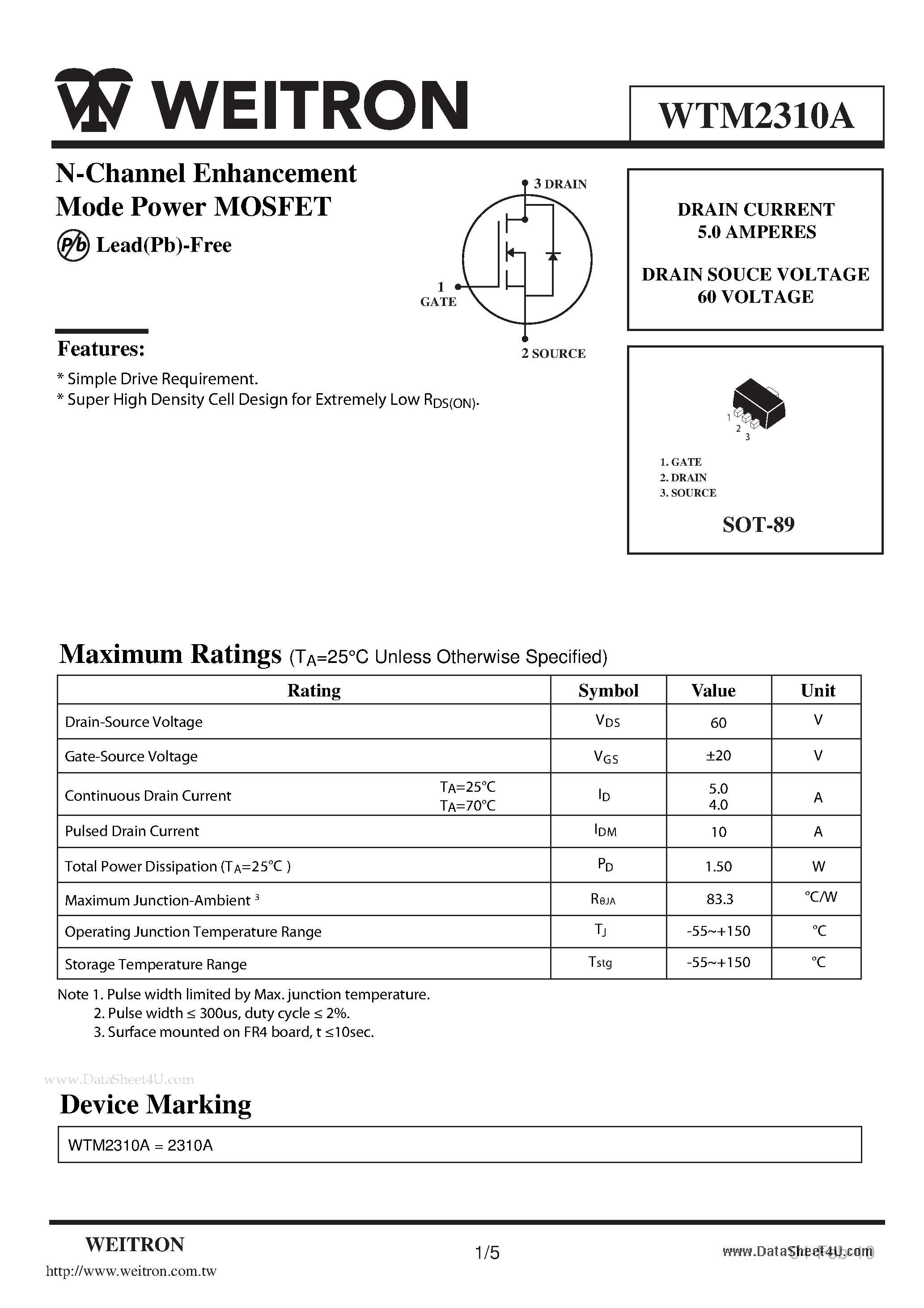 Datasheet WTM2310A page 1 Datasheet WTM2310A - N-Channel Enhancement Mode Power MOSFET page 1