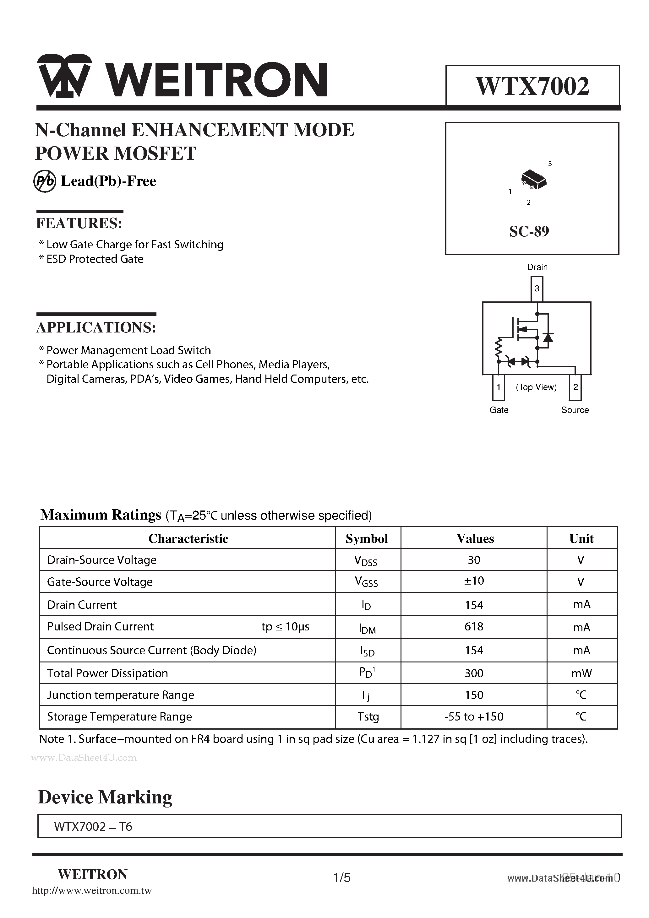 Datasheet WTX7002 page 1 Datasheet WTX7002 - N-Channel ENHANCEMENT MODE POWER MOSFET page 1