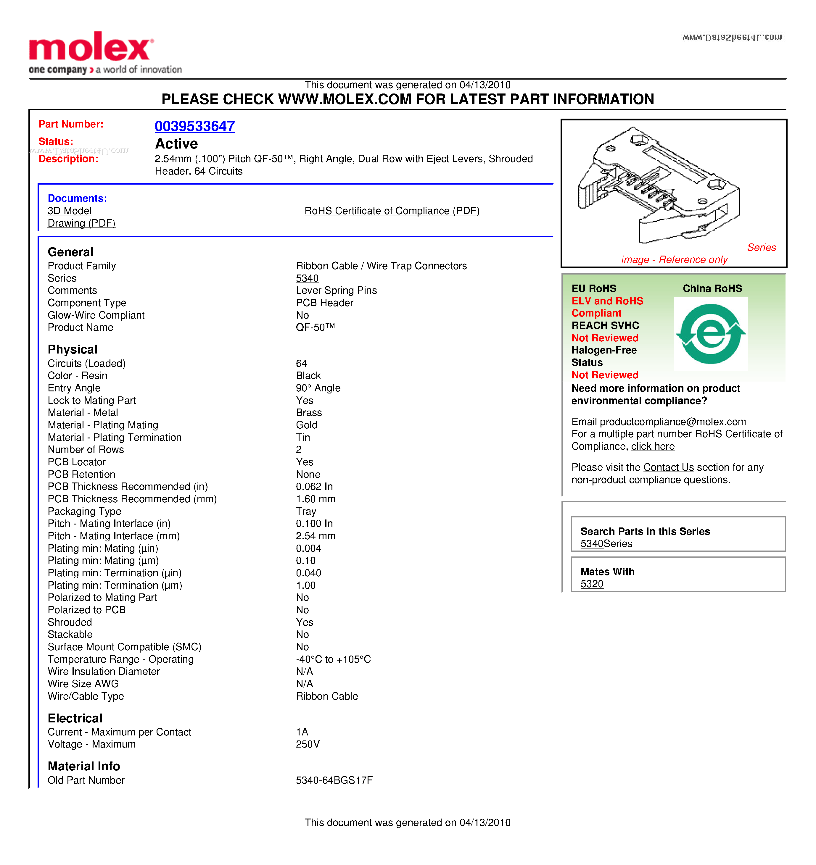 Datasheet 5340-64BGS17F - 2.54mm (.100) Pitch QF-50 / Right Angle / Dual Row with Eject Levers / Shrouded Header / 64 Circuits page 1