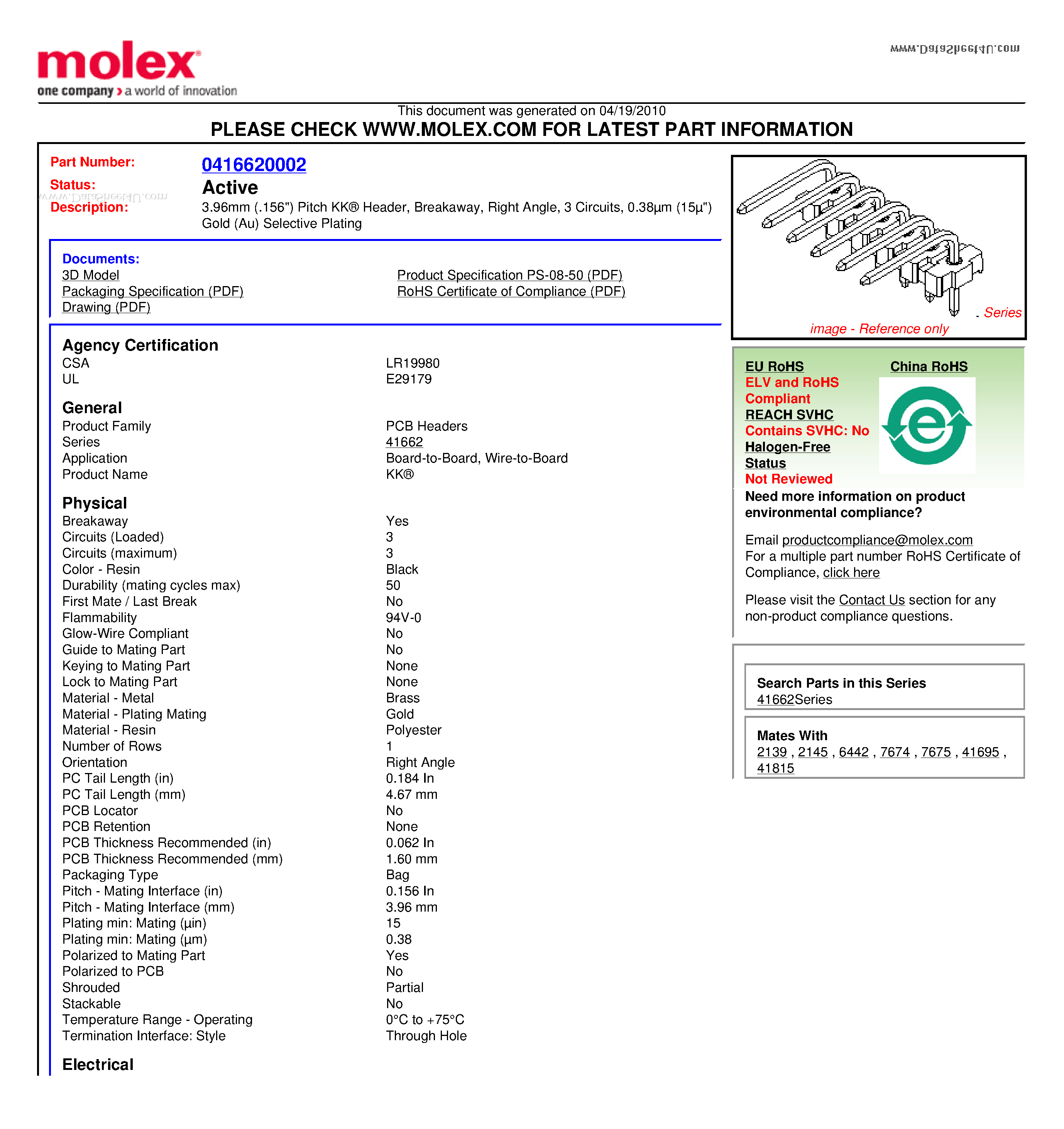 Datasheet A-41662-B03Y208 - 3.96mm (.156) Pitch KK Header Breakaway Right Angle 3 Circuits page 1