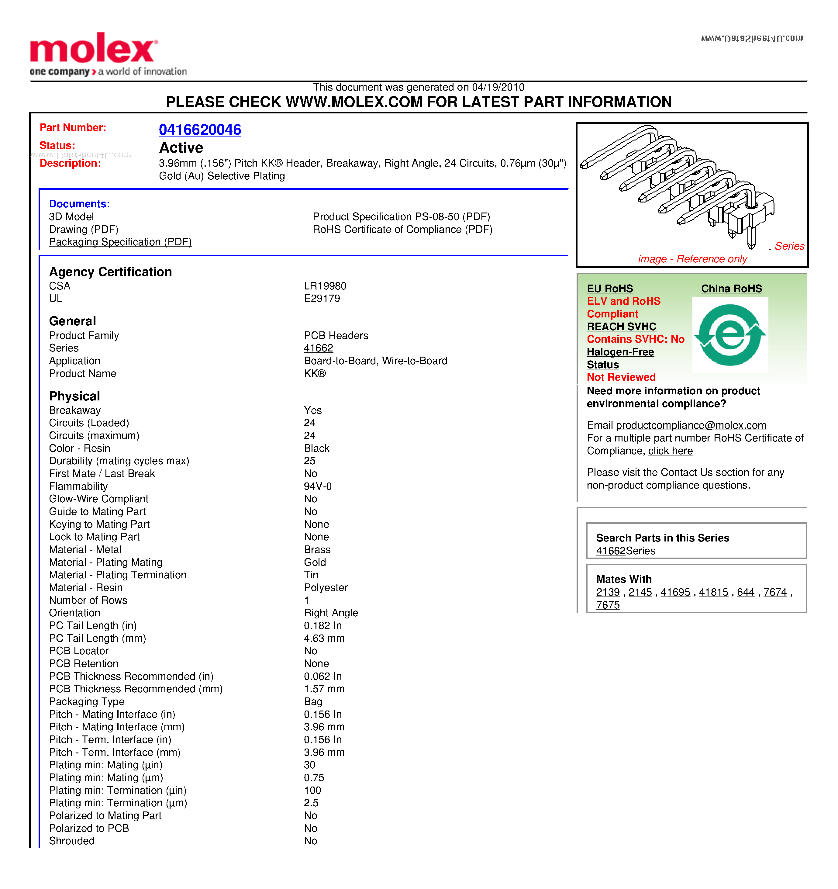 Datasheet A-41662-B24Y228 - 3.96mm (.156) Pitch KK Header Breakaway Right Angle 24 Circuits page 1