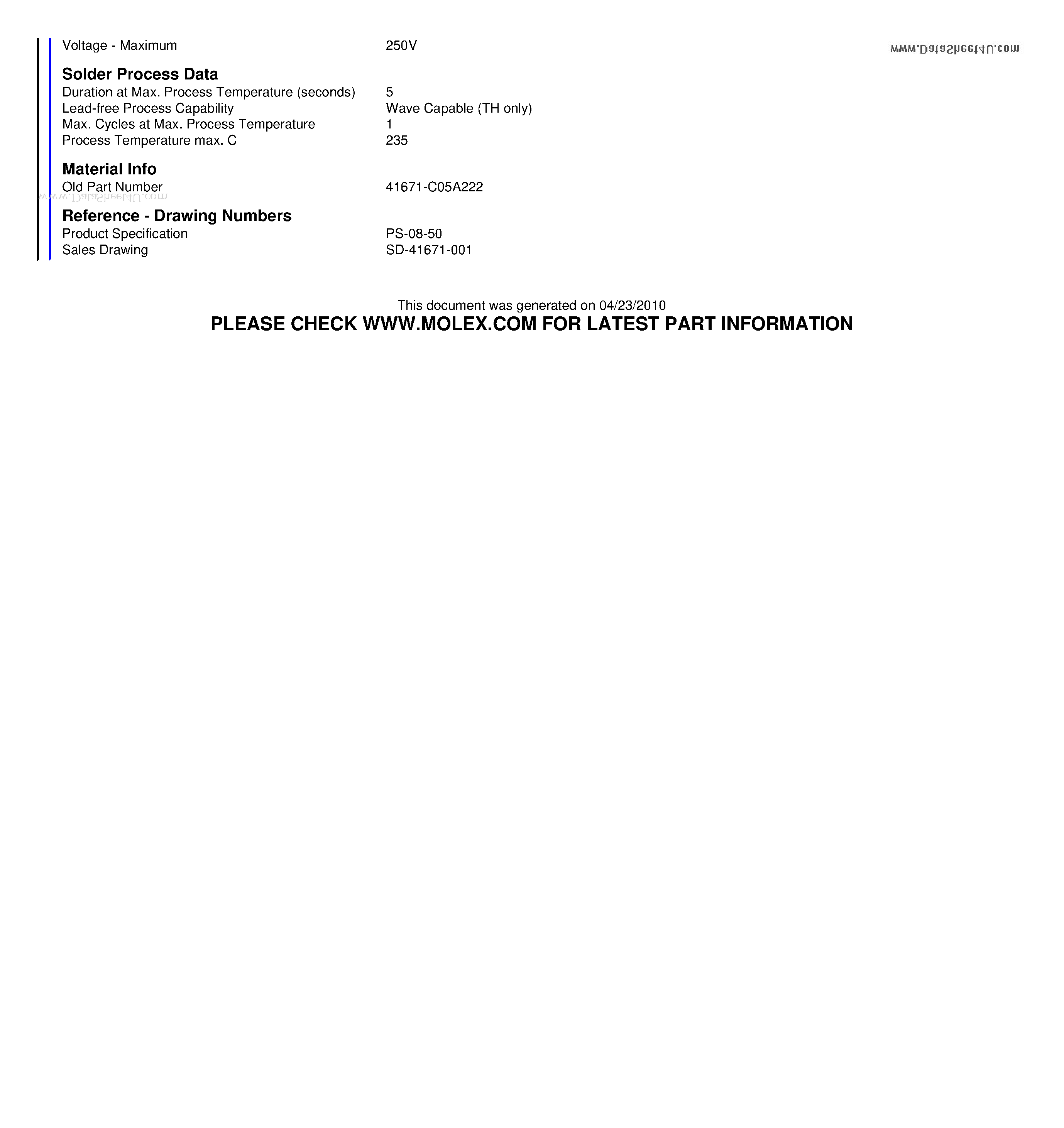 Datasheet 41671-C05A222 page 2 Datasheet 41671-C05A222 - 3.96mm (.156) Pitch KK Header Breakaway Vertical Square Pin page 2