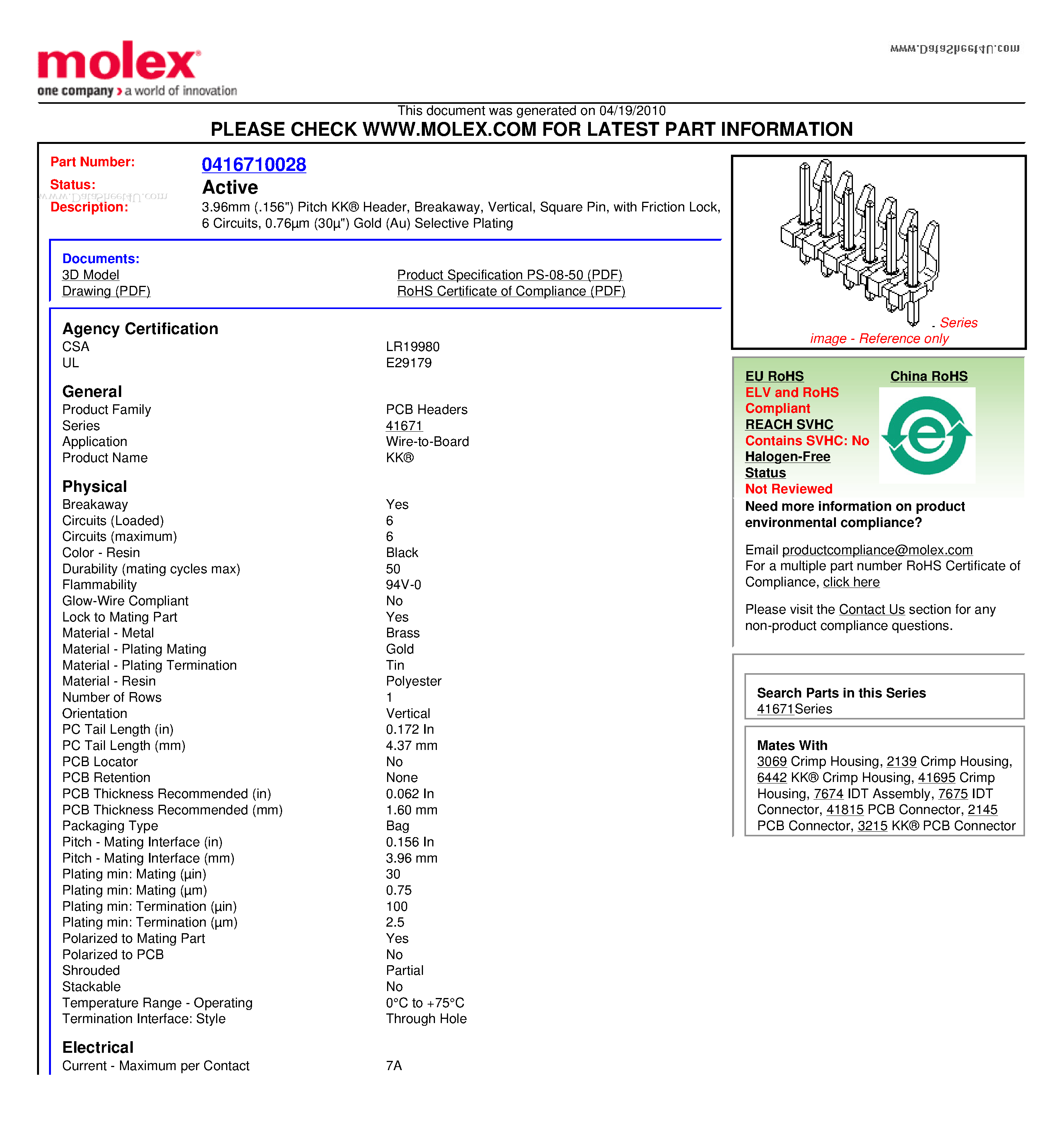 Datasheet A-41671-C06A228 - 3.96mm (.156) Pitch KK Header Breakaway Vertical Square Pin page 1