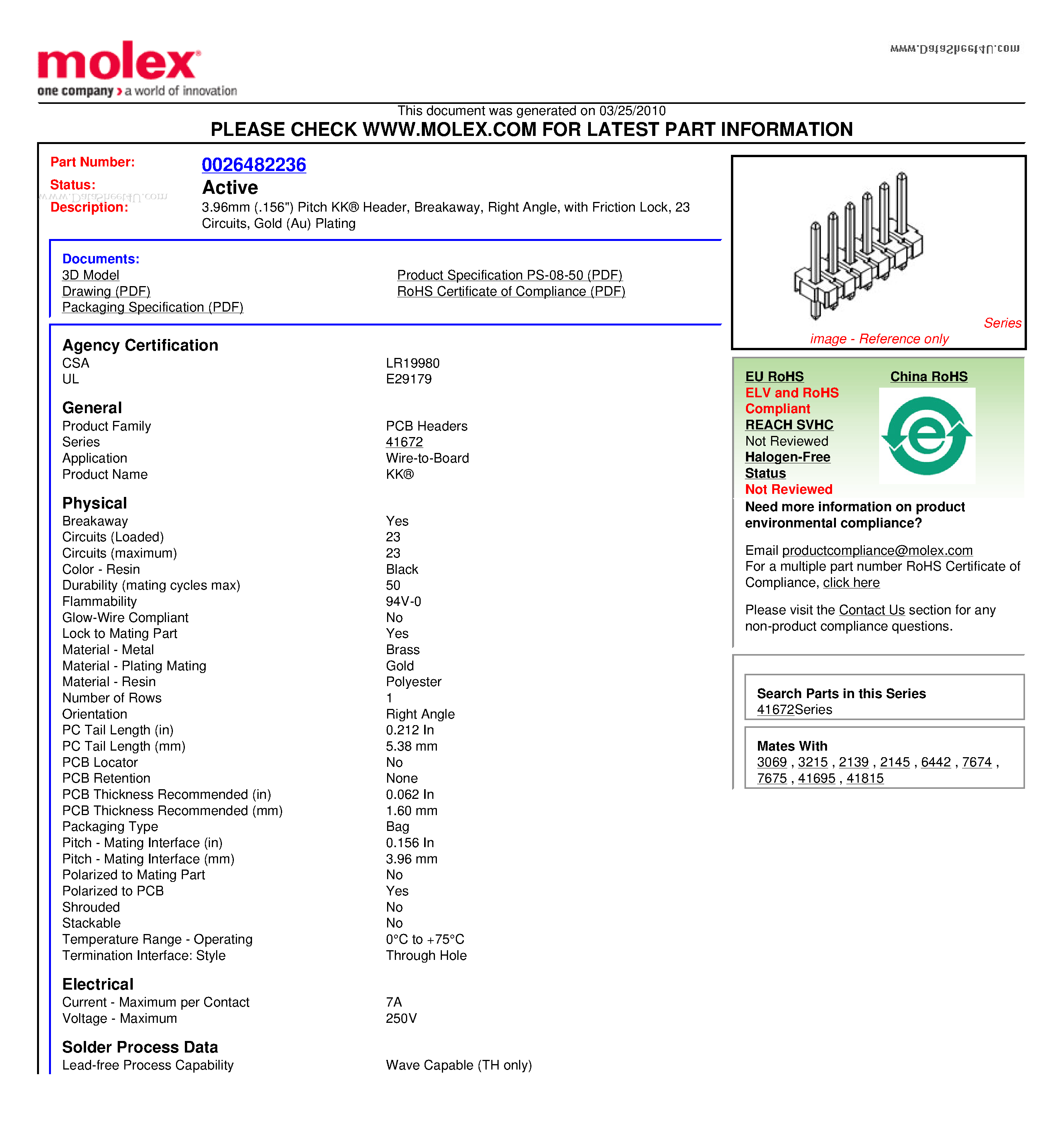 Datasheet A-41672-A23A501 page 1 Datasheet A-41672-A23A501 - 3.96mm (.156) Pitch KK Header Breakaway Right Angle page 1