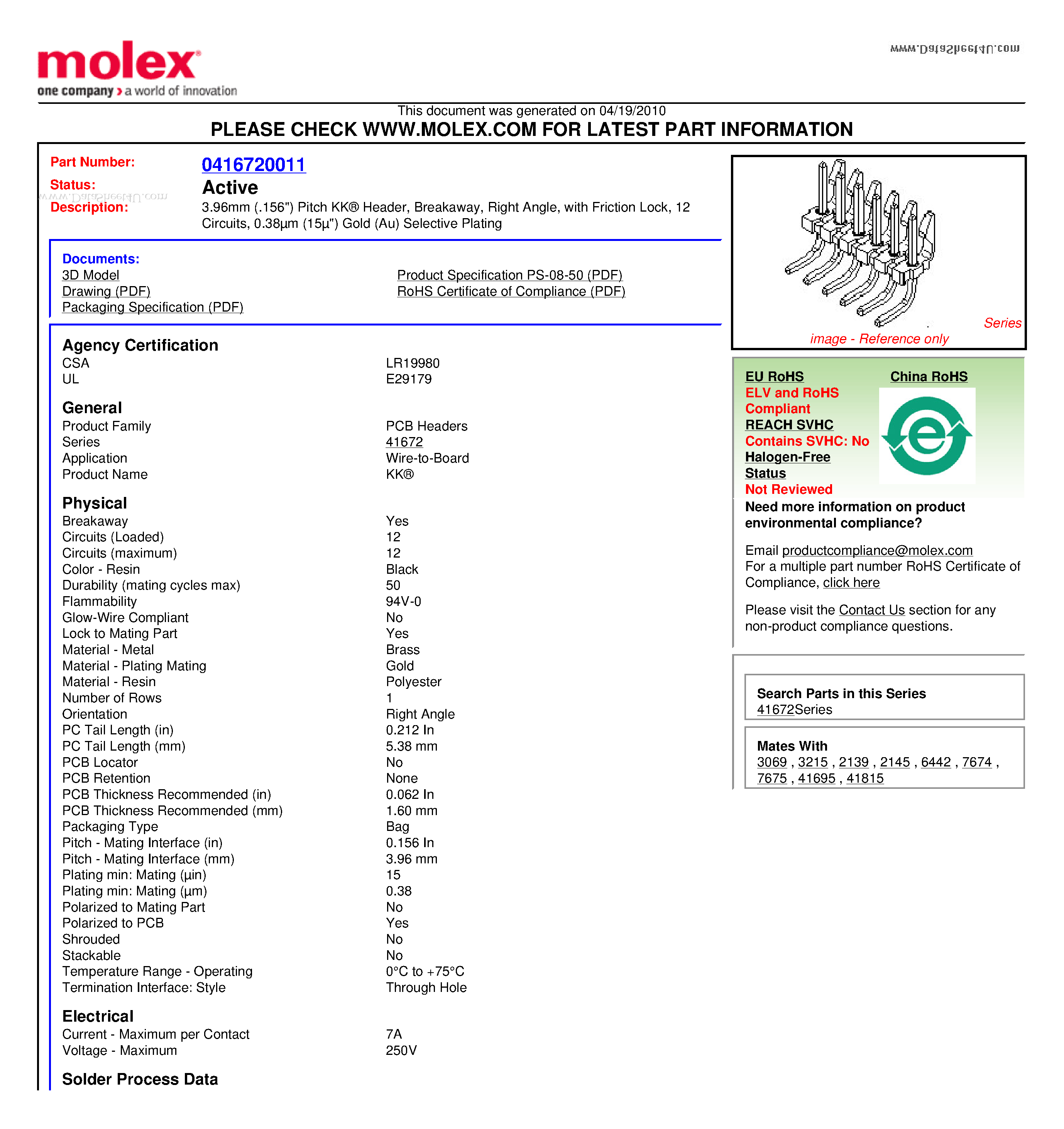 Datasheet A-41672-B12A208 - 3.96mm (.156) Pitch KK Header Breakaway Right Angle page 1