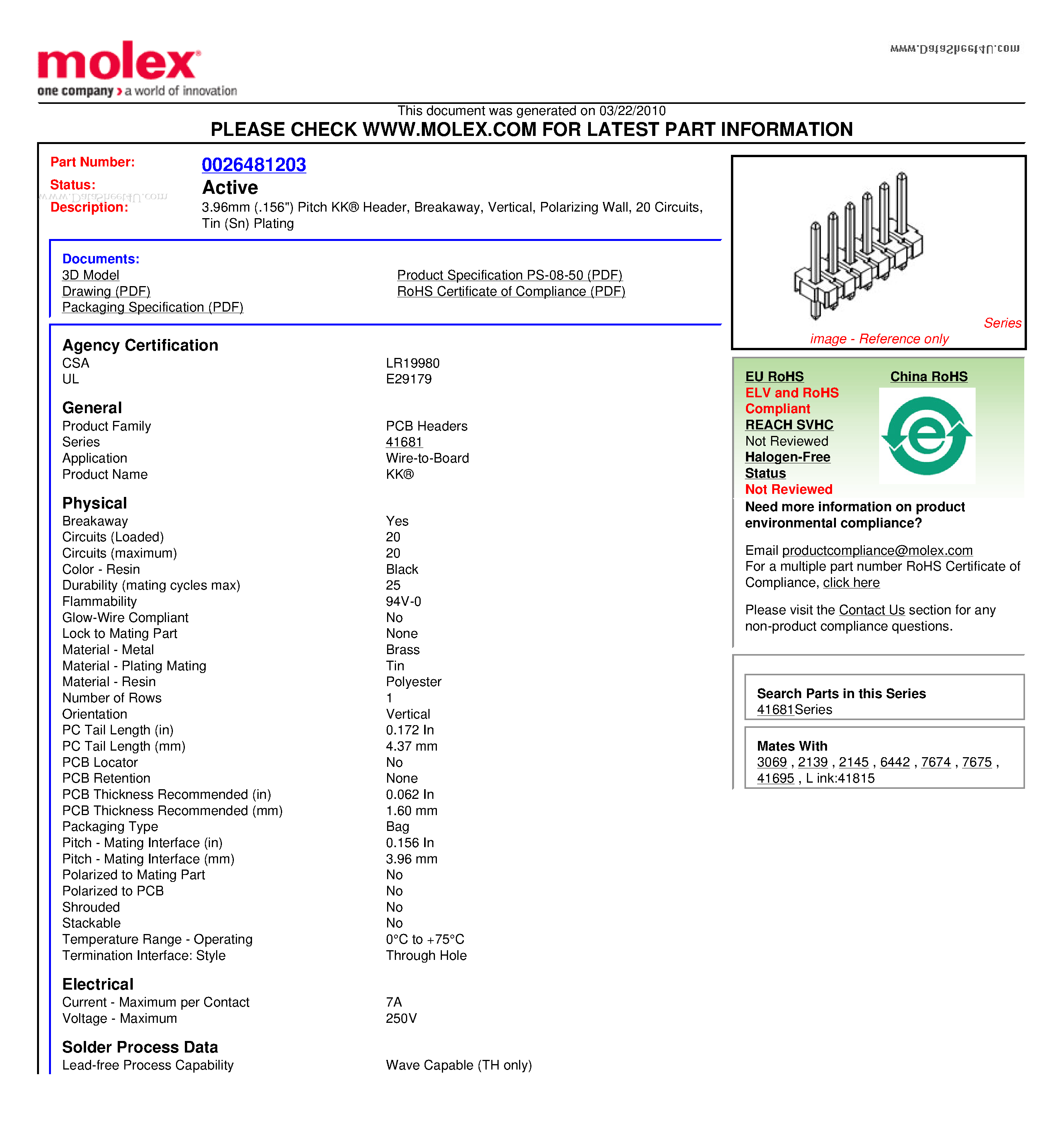 Datasheet 41681-A20A102 - 3.96mm (.156) Pitch KK Header Breakaway Vertical Polarizing Wall 20 Circuits Tin (Sn) Plating page 1