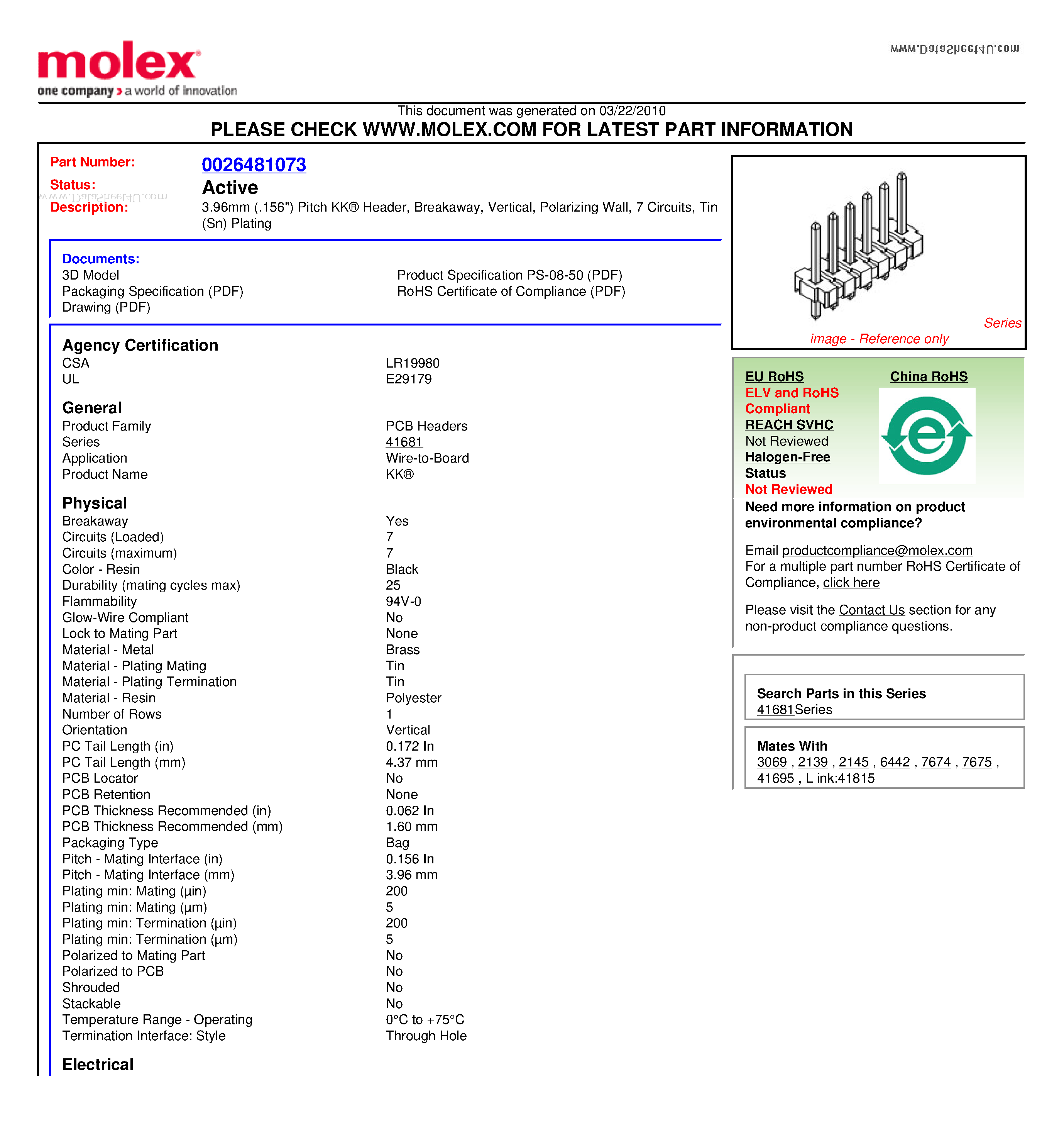 Datasheet 41681A07A102 - 3.96mm (.156) Pitch KK Header Breakaway Vertical Polarizing Wall 7 Circuits Tin (Sn) Plating page 1
