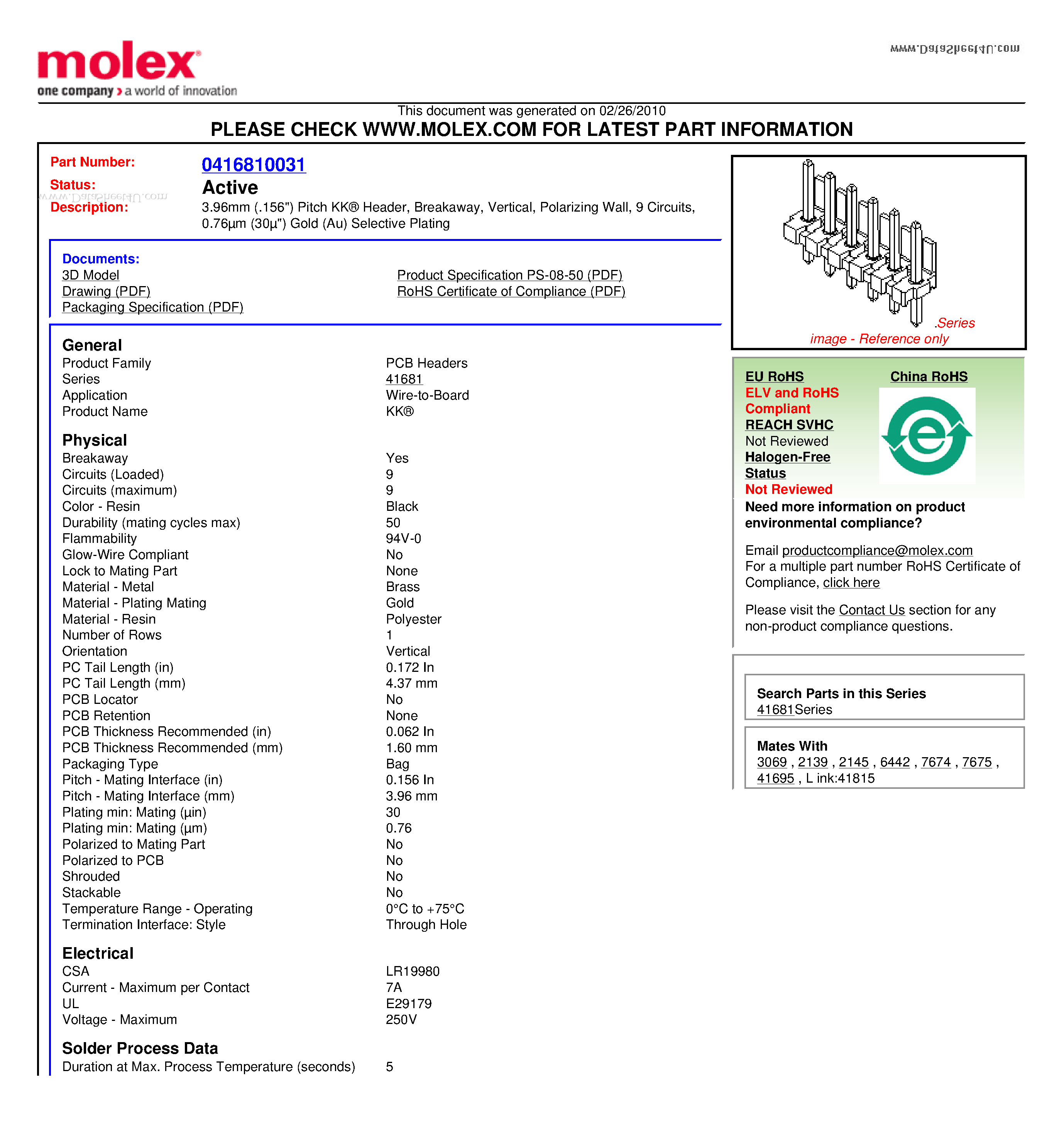 Даташит A-41681-B09A228 - 3.96mm (.156) Pitch KK Header Breakaway Vertical Polarizing Wall 9 Circuits страница 1