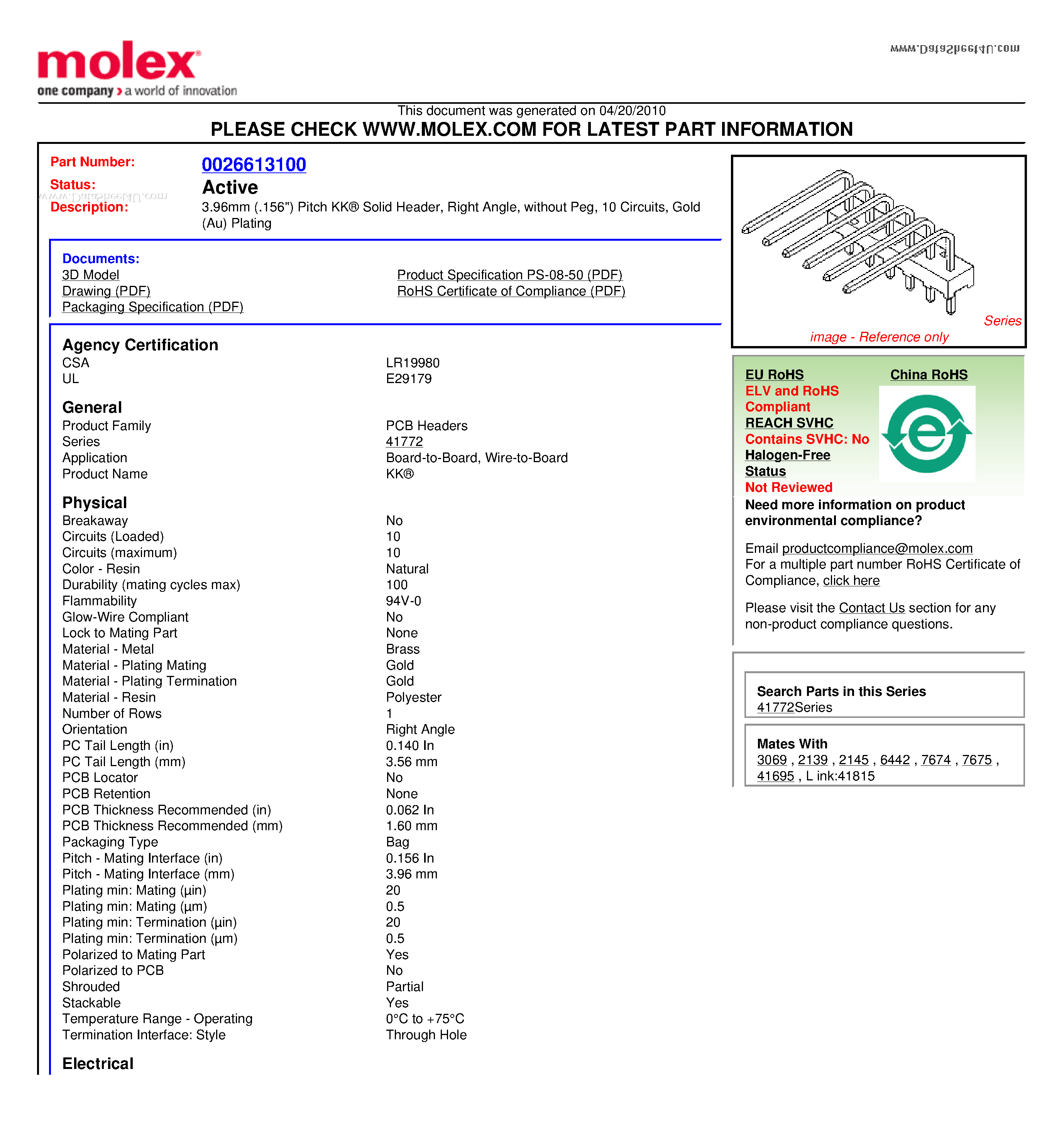 Datasheet 41772-0027 page 1 Datasheet 41772-0027 - 3.96mm (.156) Pitch KK Solid Header Right Angle without Peg 10 Circuits Gold (Au) Plating page 1