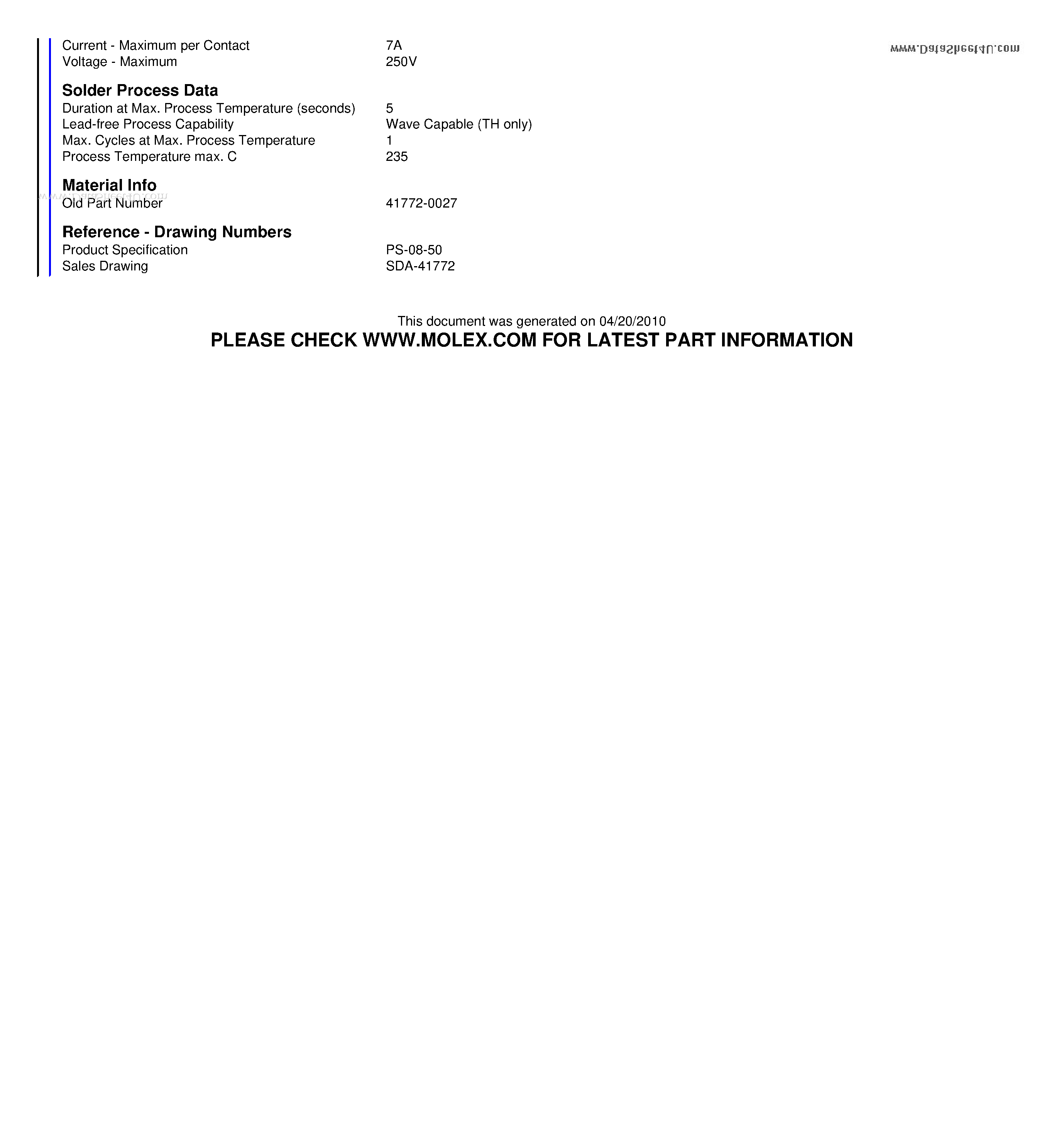 Datasheet 41772-0027 page 2 Datasheet 41772-0027 - 3.96mm (.156) Pitch KK Solid Header Right Angle without Peg 10 Circuits Gold (Au) Plating page 2