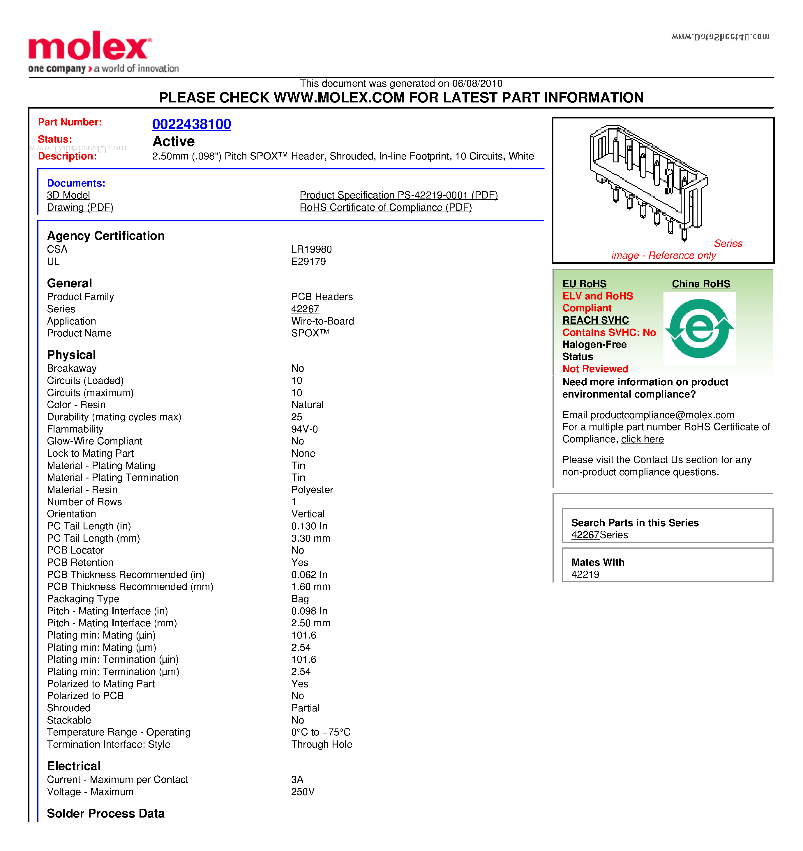 Datasheet A-42267-10A page 1 Datasheet A-42267-10A - 2.50mm (.098) Pitch SPOX Header Shrouded In-line Footprint 10 Circuits White page 1
