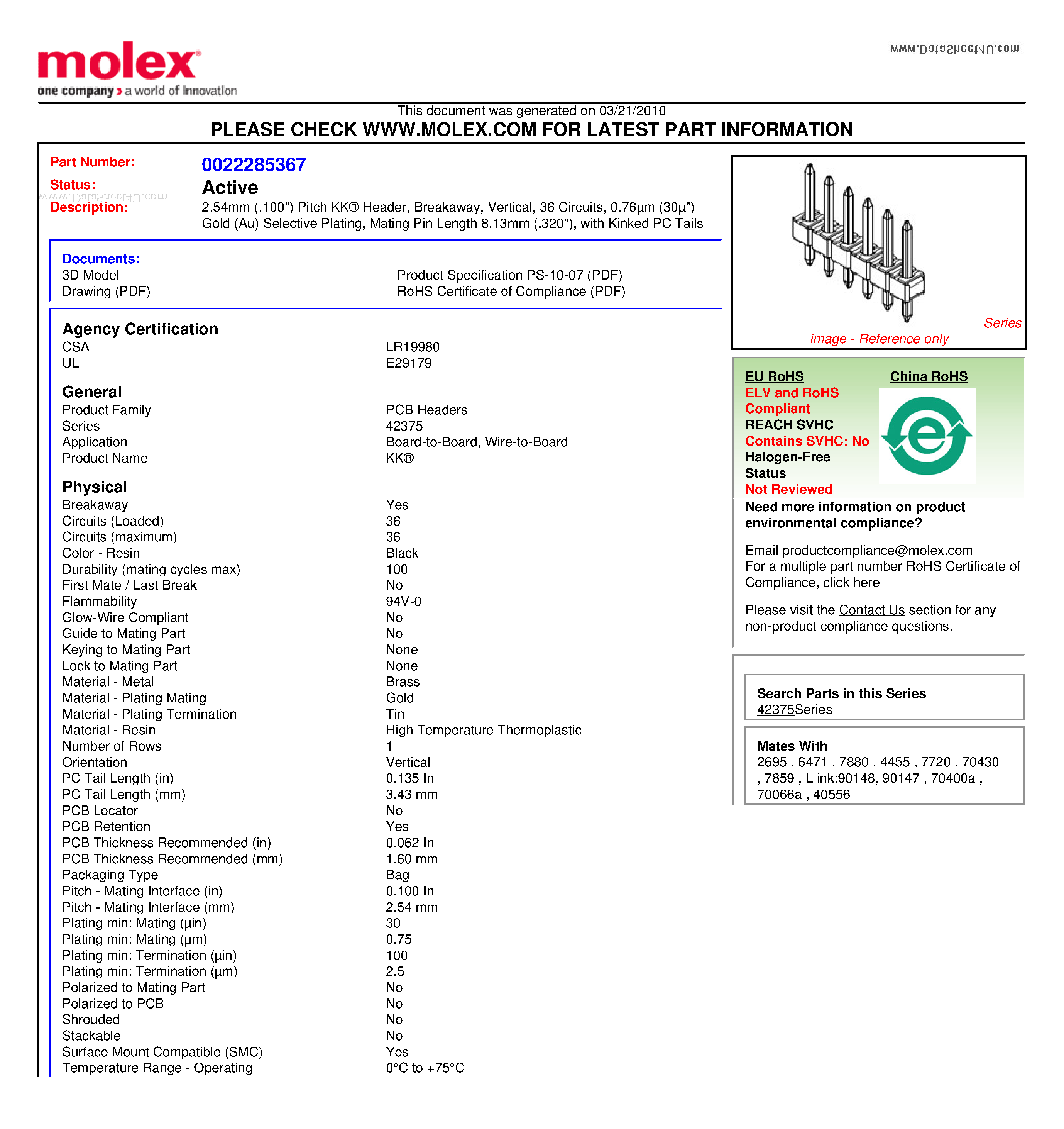 Datasheet 42375-0526 - 2.54mm (.100) Pitch KK Header Breakaway Vertical 36 Circuits 0.76um (30u) Gold (Au) Selective Plating Mating Pin Length 8.13mm (.320) page 1