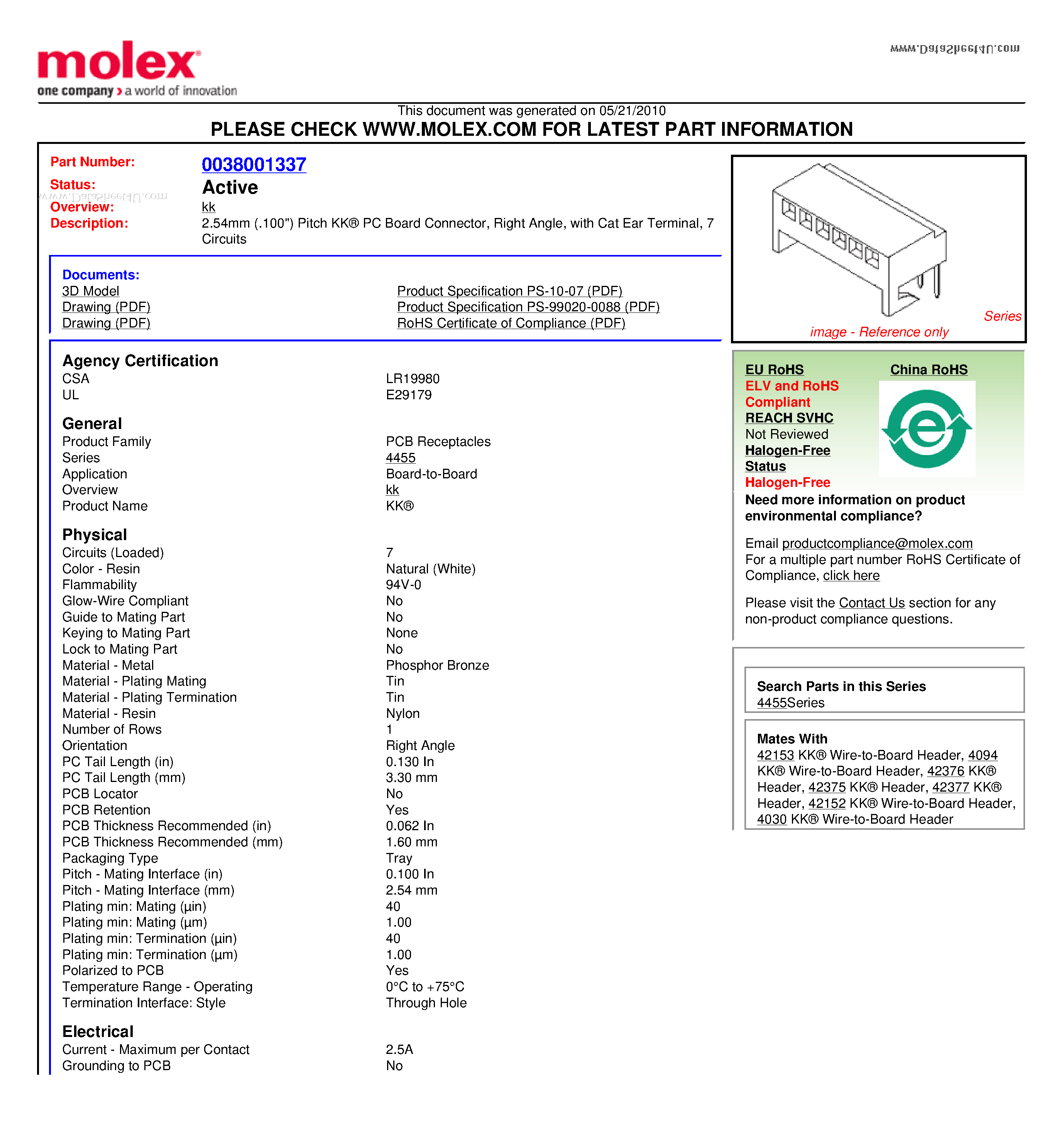 Datasheet A-4455-AZ07C page 1 Datasheet A-4455-AZ07C - 2.54mm (.100) Pitch KK PC Board Connector Right Angle page 1