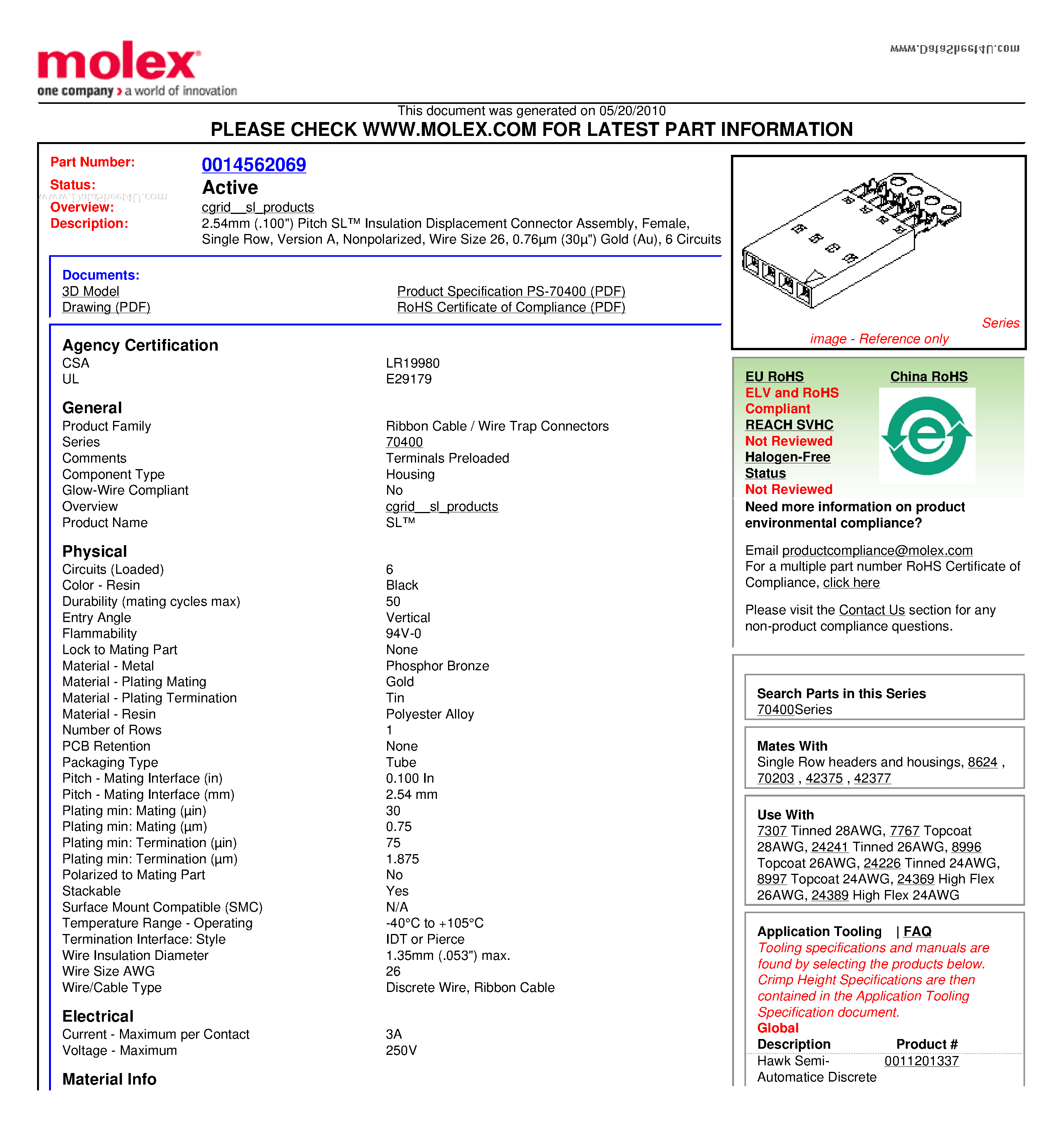 Datasheet 70400-1230 - 2.54mm (.100) Pitch SL Insulation Displacement Connector Assembly Female Single Row Version A Nonpolarized Wire Size 26 0.76um (30u) Gold (Au) 6 Circuits page 1