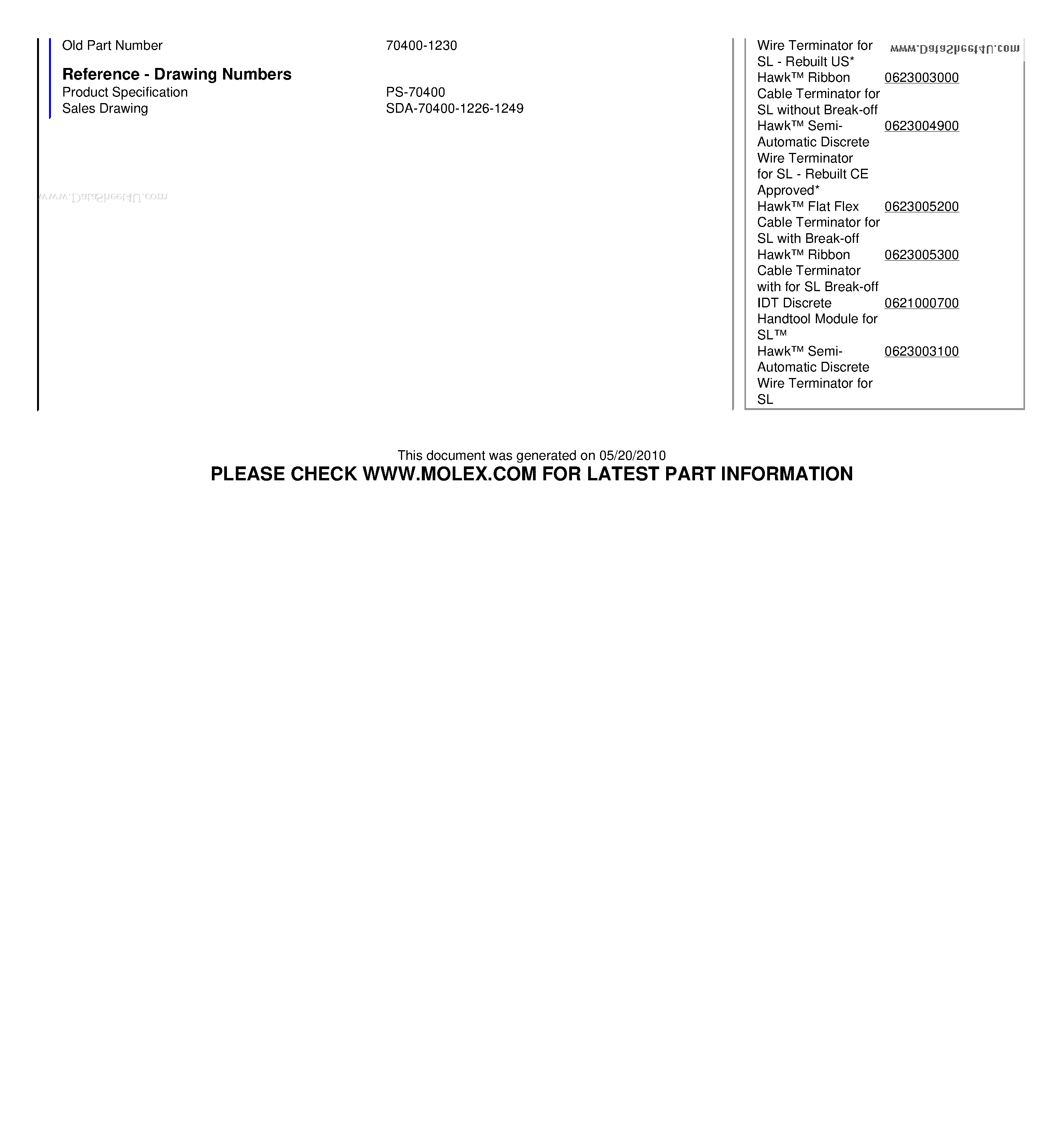 Datasheet 70400-1230 - 2.54mm (.100) Pitch SL Insulation Displacement Connector Assembly Female Single Row Version A Nonpolarized Wire Size 26 0.76um (30u) Gold (Au) 6 Circuits page 2