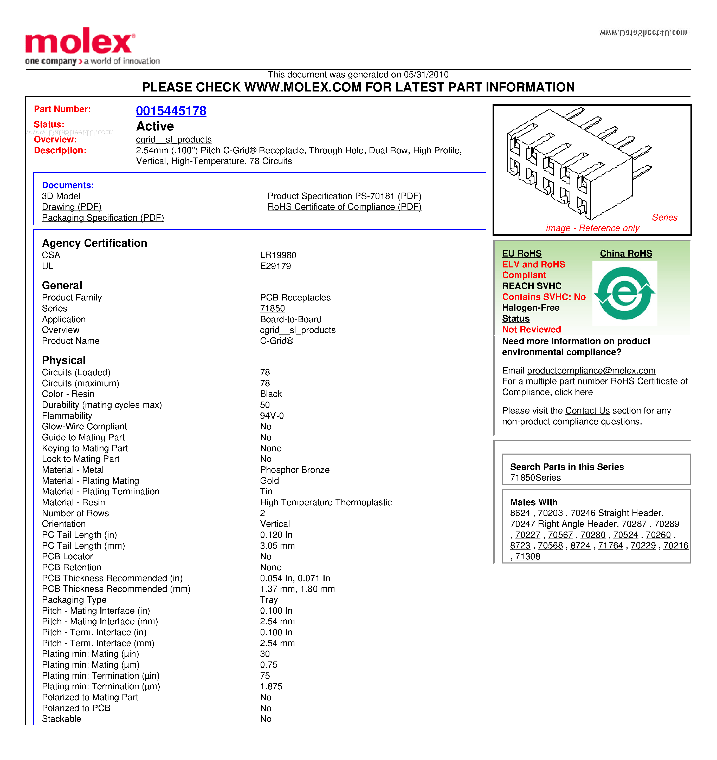 Даташит 71850-0230 - 2.54mm (.100) Pitch C-Grid Receptacle Through Hole Dual Row High Profile Vertical High-Temperature 78 Circuits страница 1