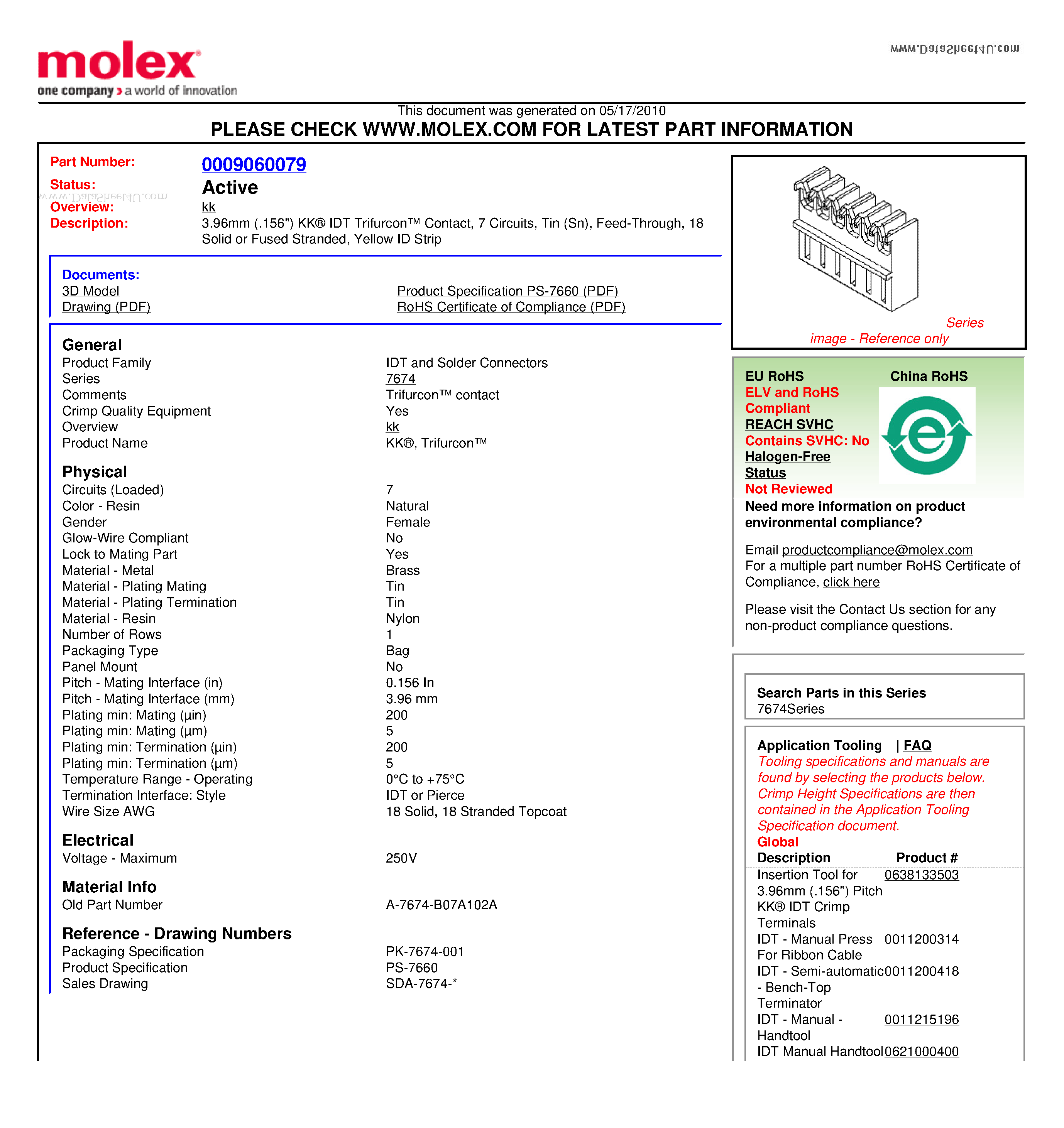 Datasheet A-7674-B07A102A - 3.96mm (.156) KK IDT Trifurcon Contact 7 Circuits Tin (Sn) Feed-Through 18 Solid or Fused Stranded Yellow ID Strip page 1