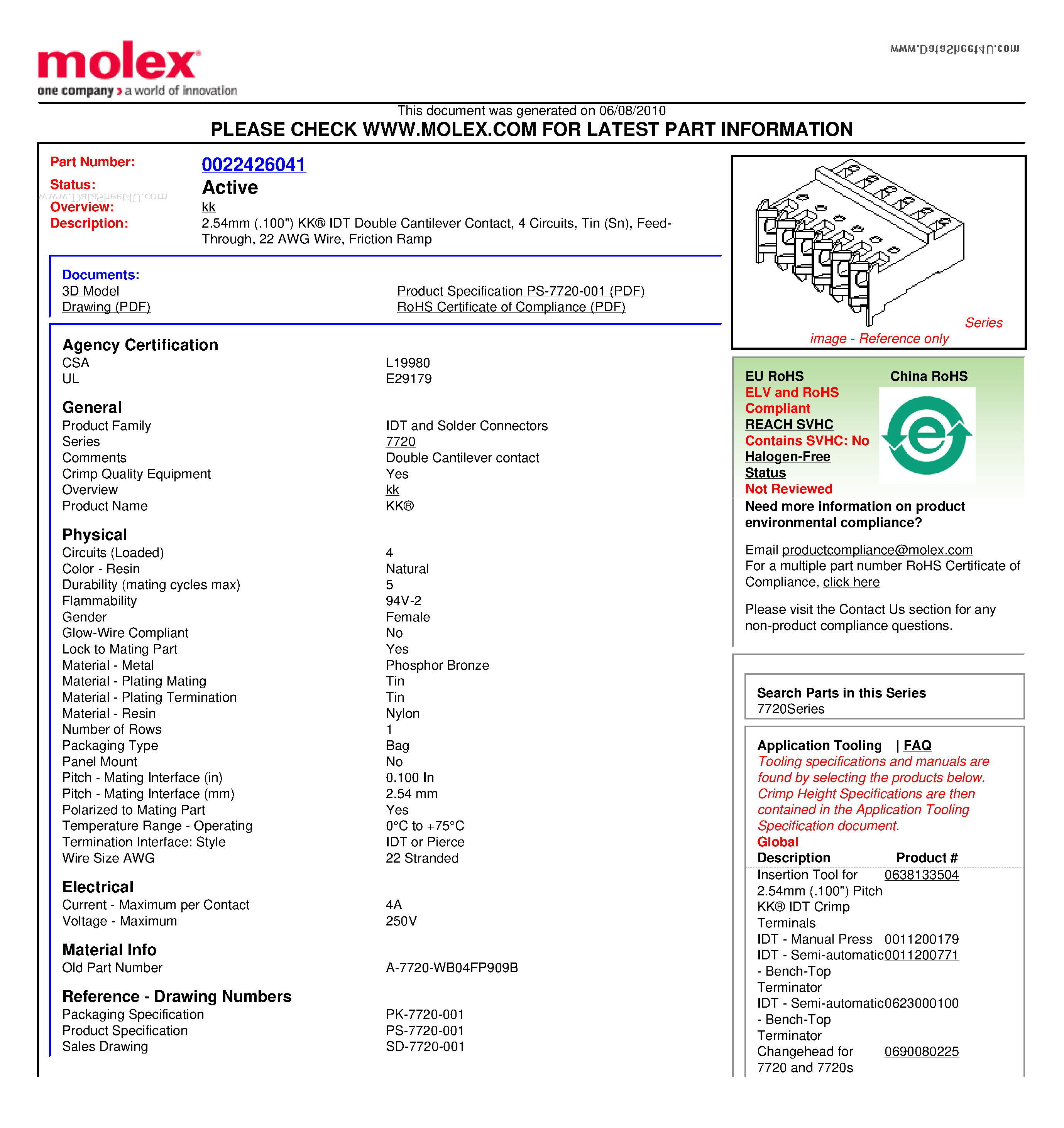 Datasheet A-7720-WB04FP909B - 2.54mm (.100) KK IDT Double Cantilever Contact 4 Circuits Tin (Sn) Feed-Through 22 AWG Wire Friction Ramp page 1
