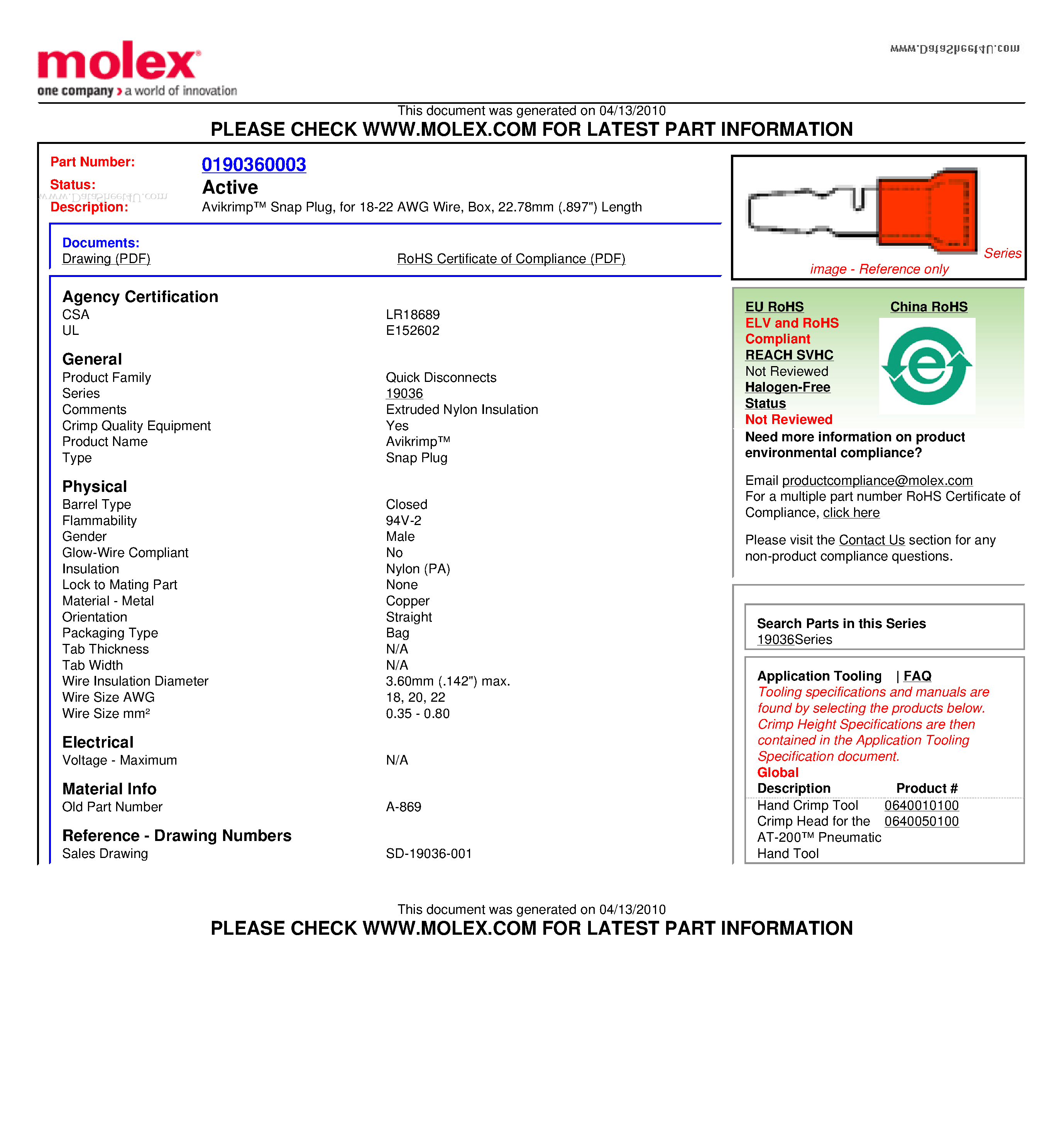 Datasheet A-869 page 1 Datasheet A-869 - Avikrimp Snap Plug page 1
