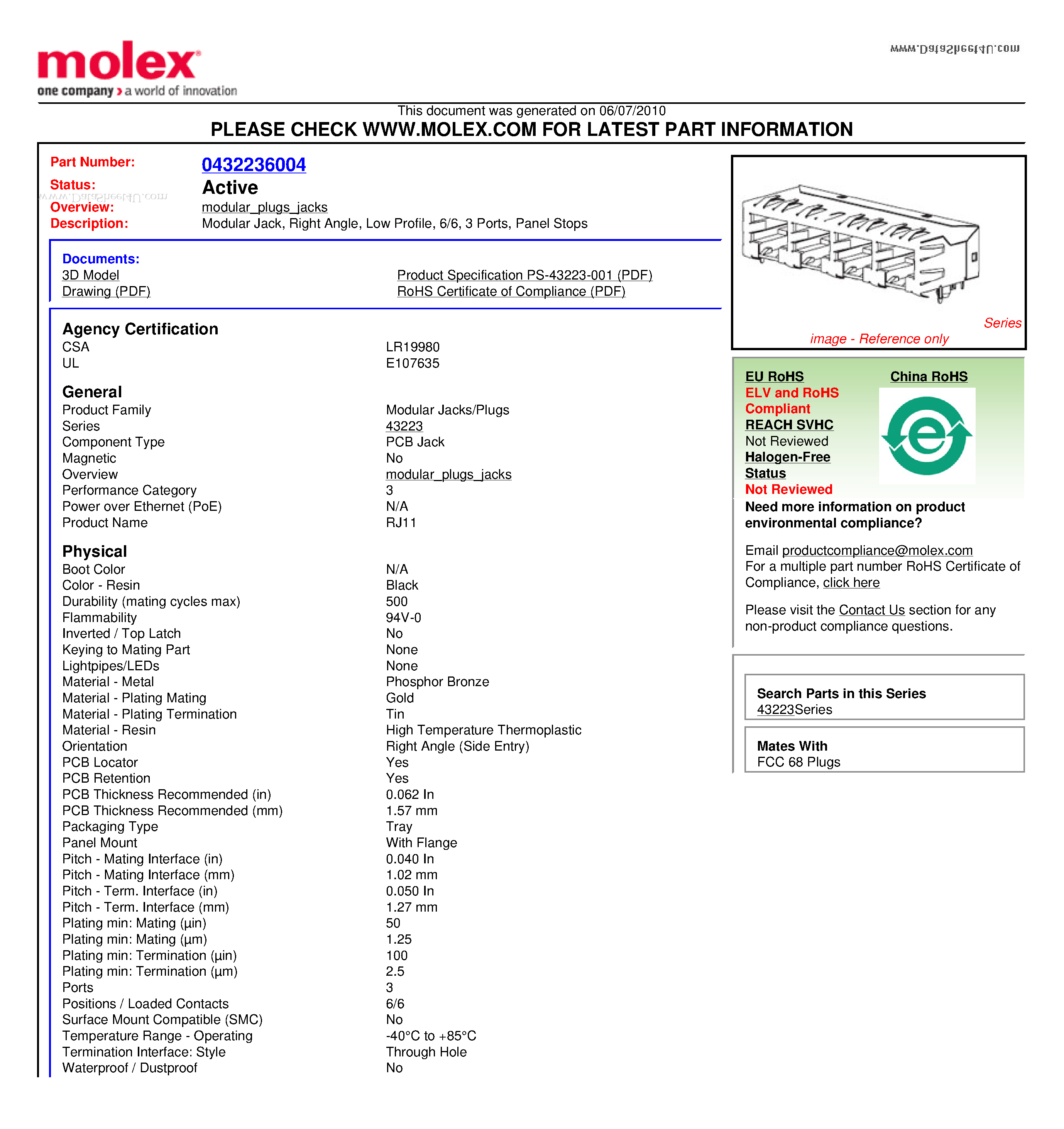 Datasheet A432236004 - Modular Jack Right Angle Low Profile 6/6 3 Ports Panel Stops page 1