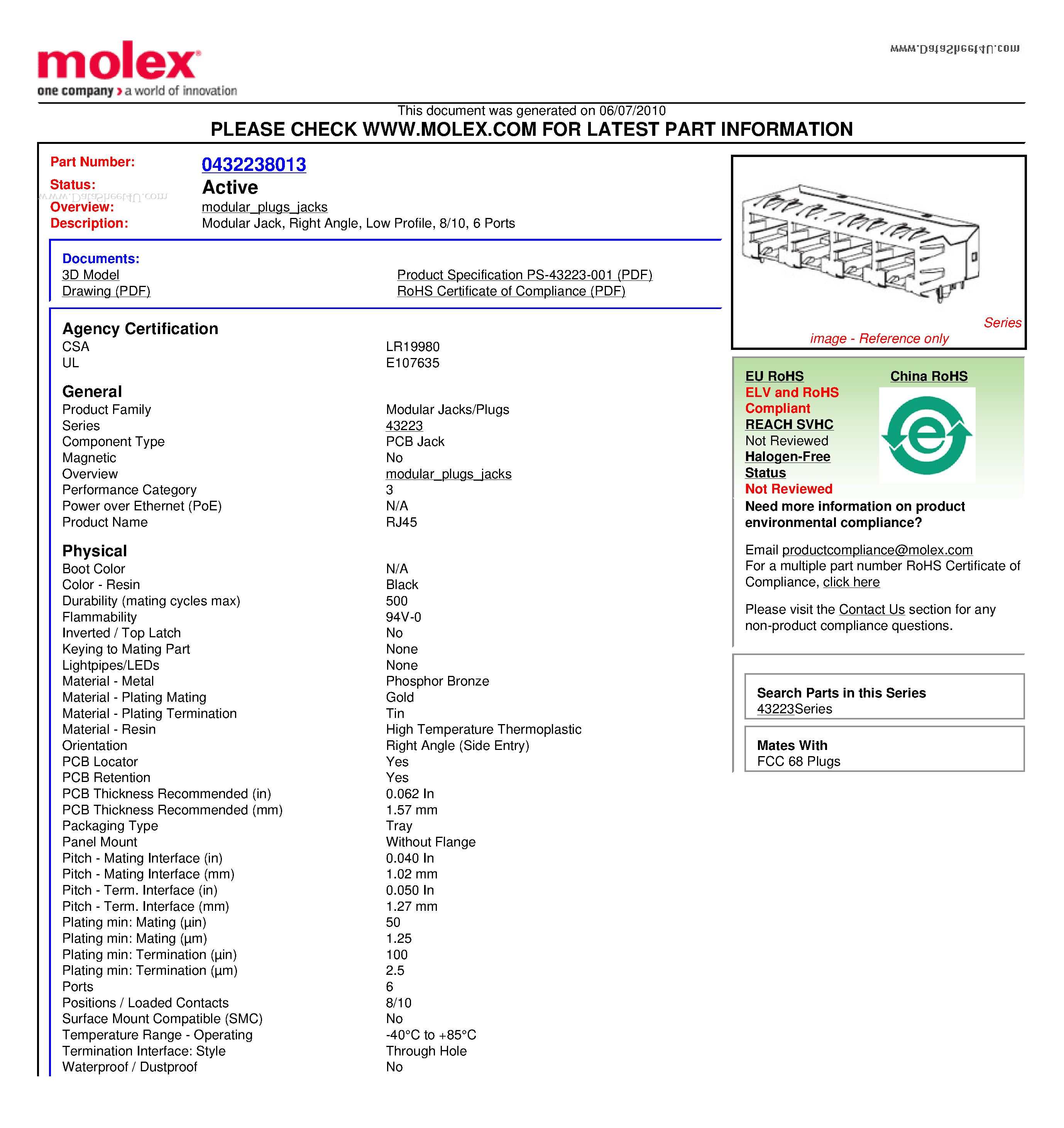 Datasheet A432238013 page 1 Datasheet A432238013 - Modular Jack Right Angle Low Profile 8/10 6 Ports page 1