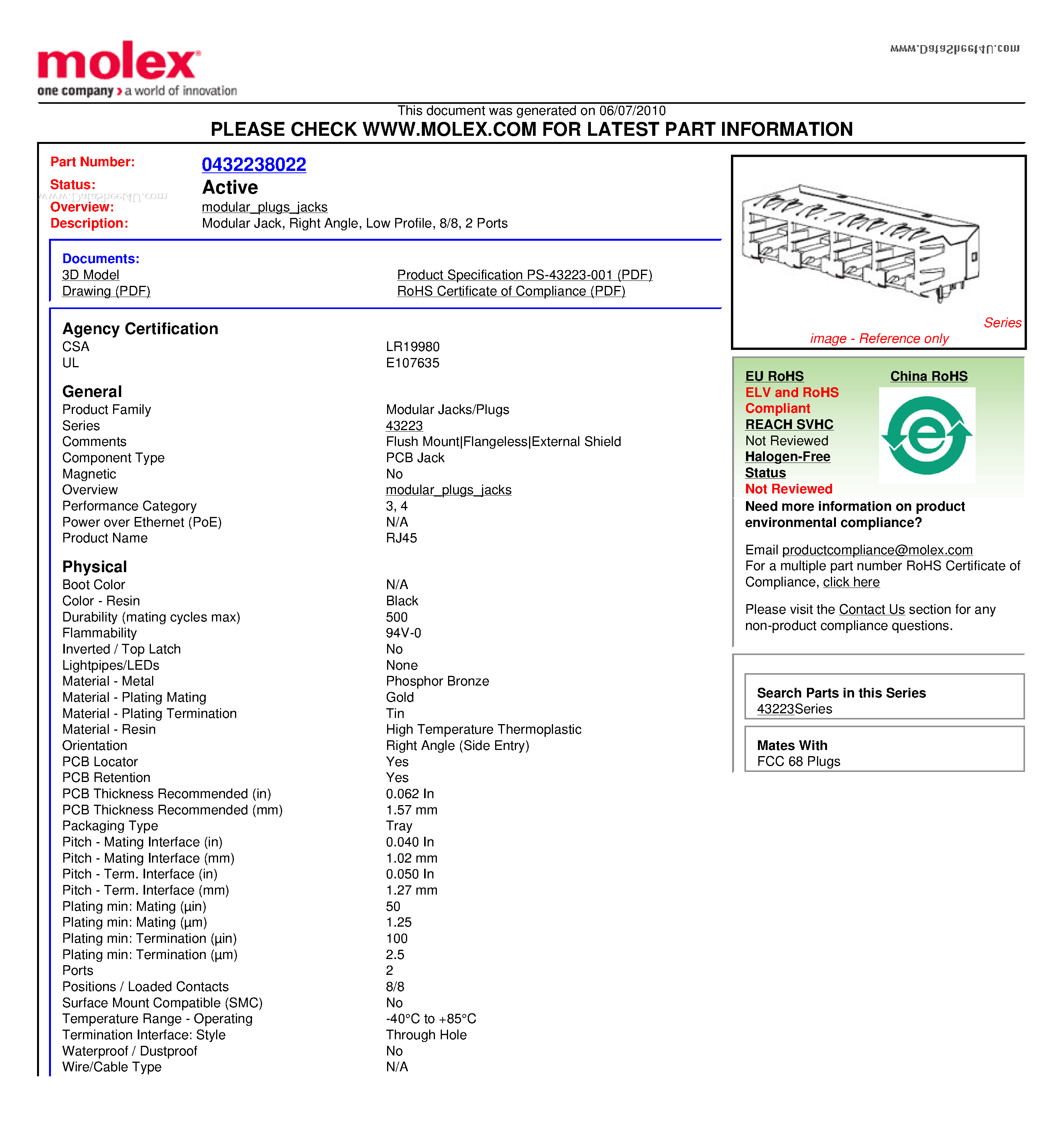 Datasheet A432238022 - Modular Jack Right Angle Low Profile 8/8 2 Ports page 1