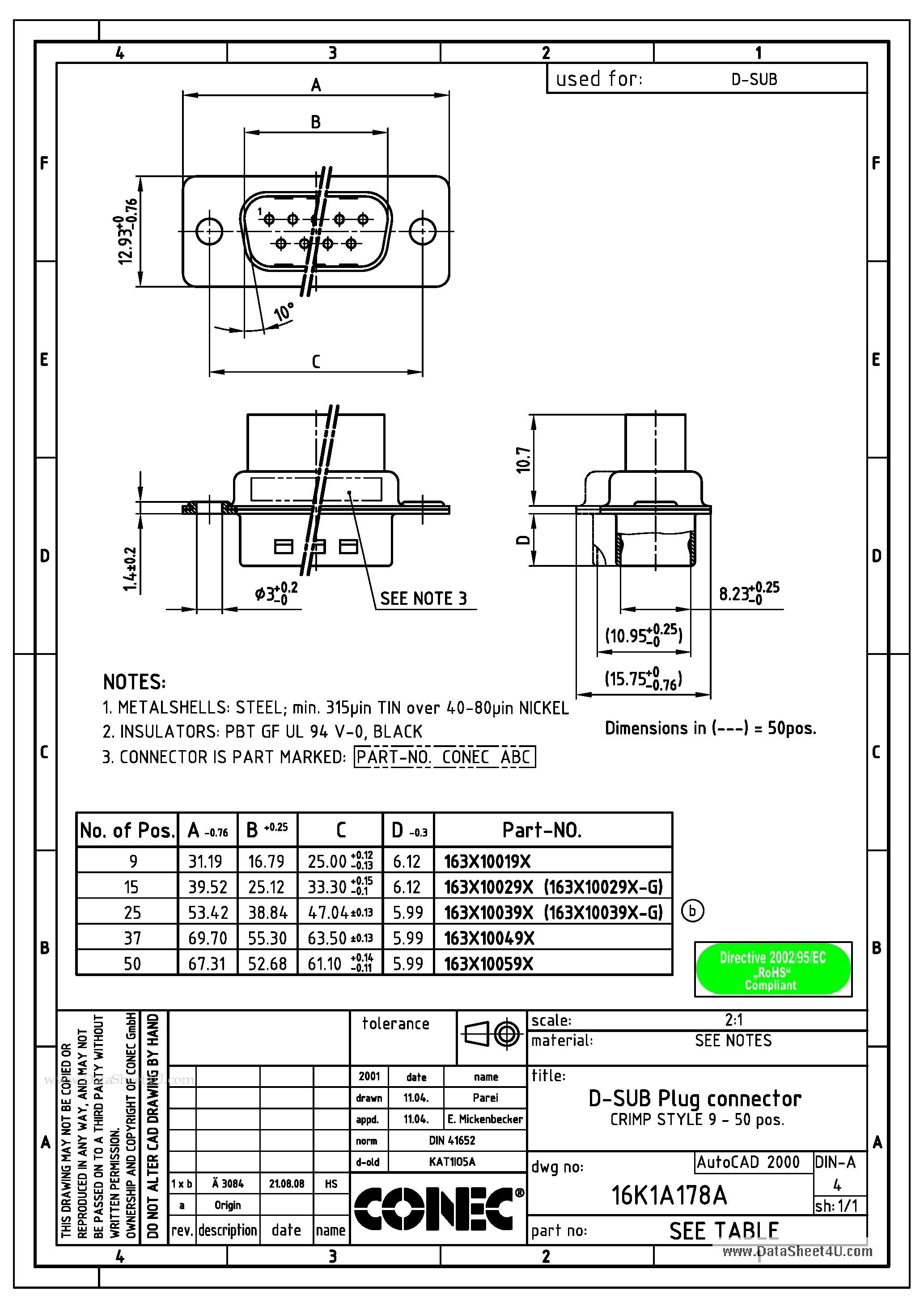 Даташит 163X10019X - D-SUB PLUG CONNECTOR страница 1