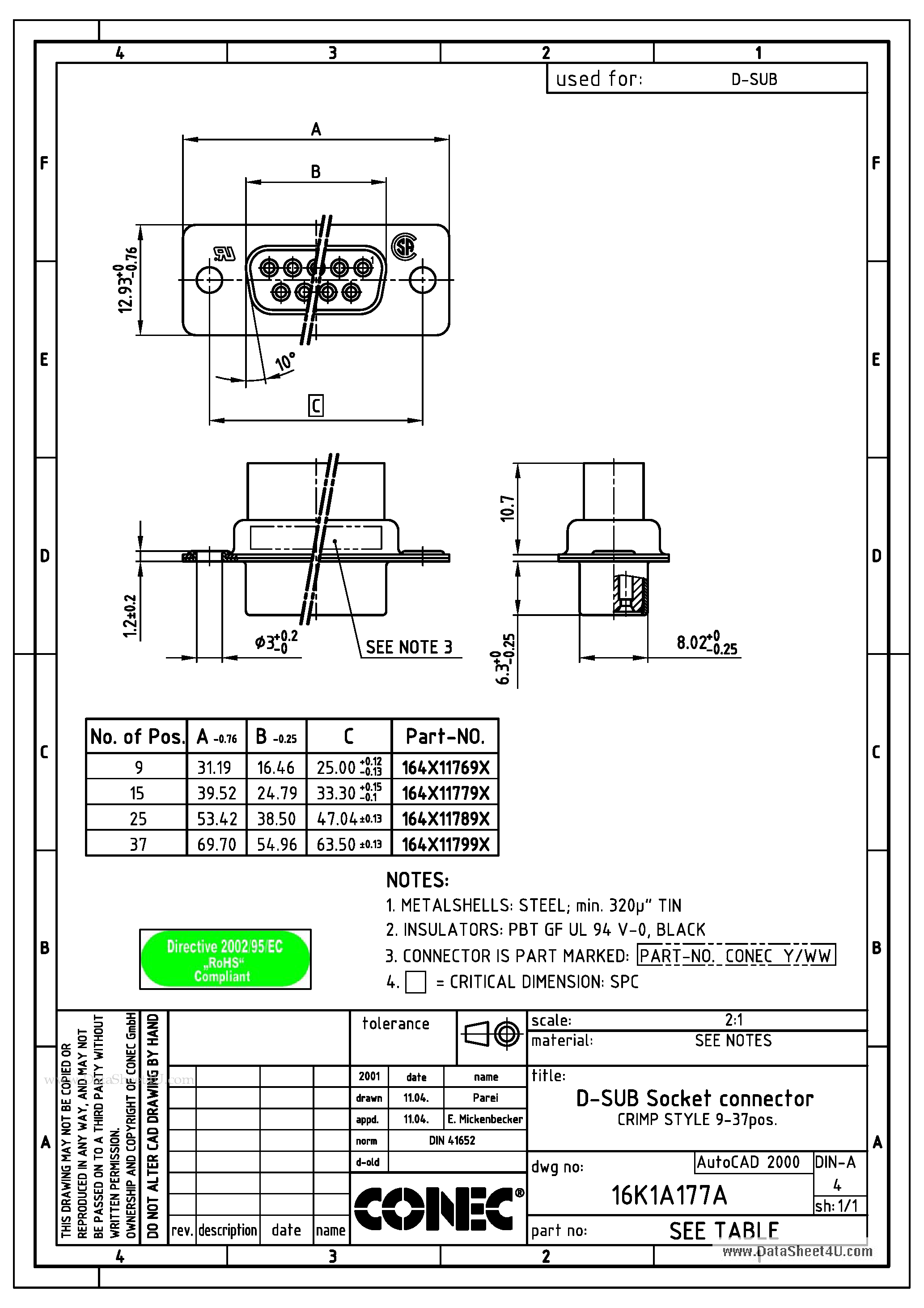 Даташит 164X11769X - D-SUB SOCKET CONNECTOR страница 1