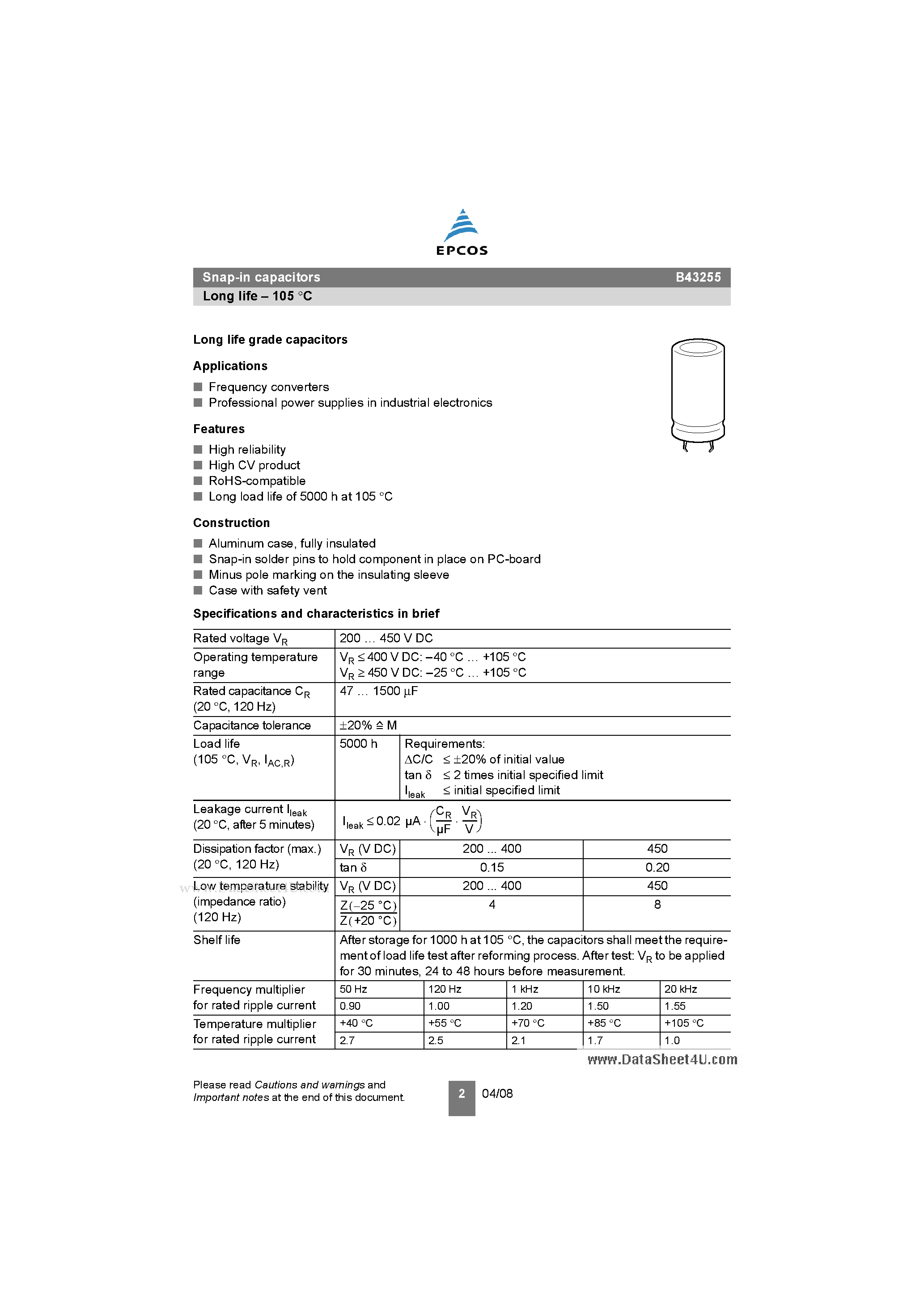 Datasheet B43255 - Aluminum electrolytic capacitors page 2