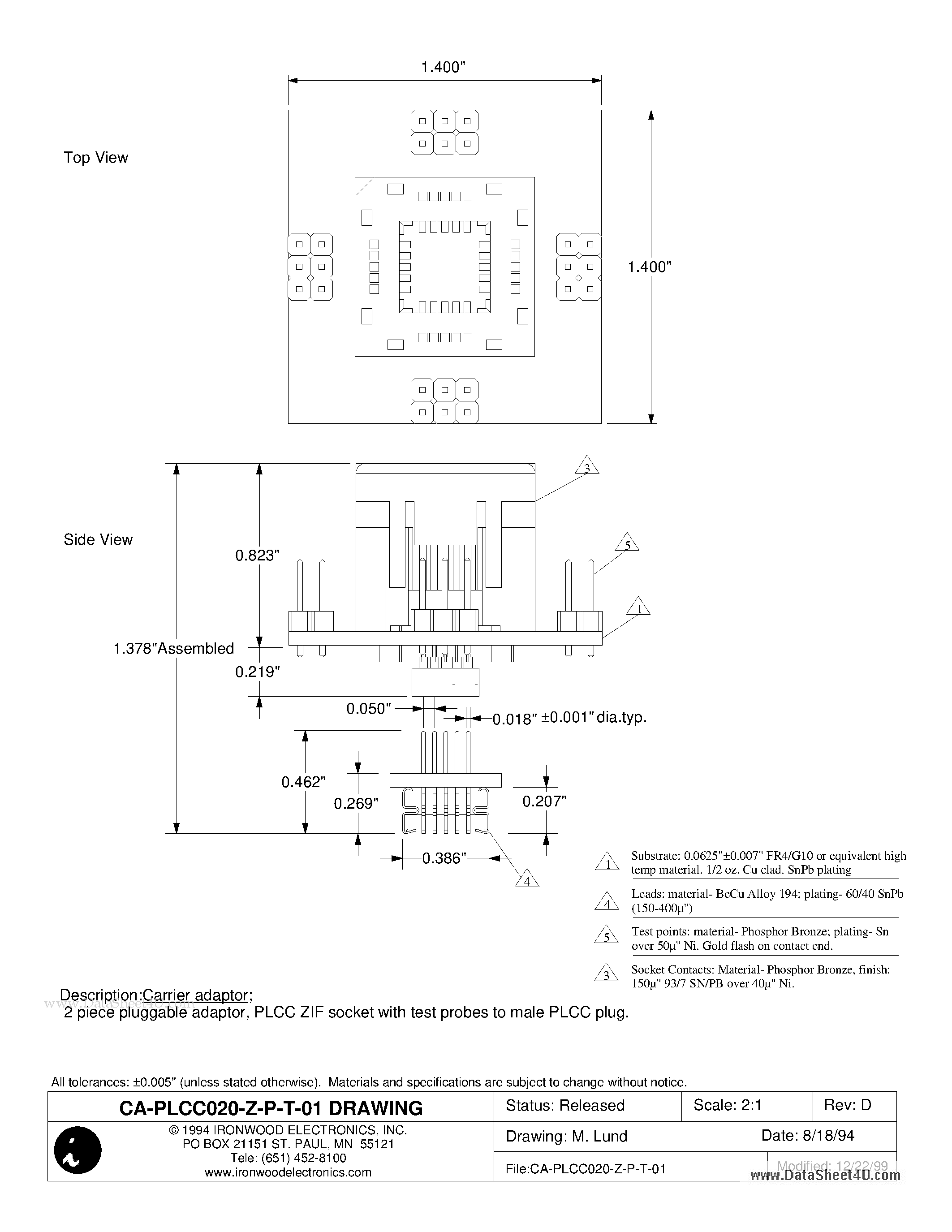 Datasheet CA-PLCC020-Z-P-T-01 page 1 Datasheet CA-PLCC020-Z-P-T-01 - Carrier adaptor page 1