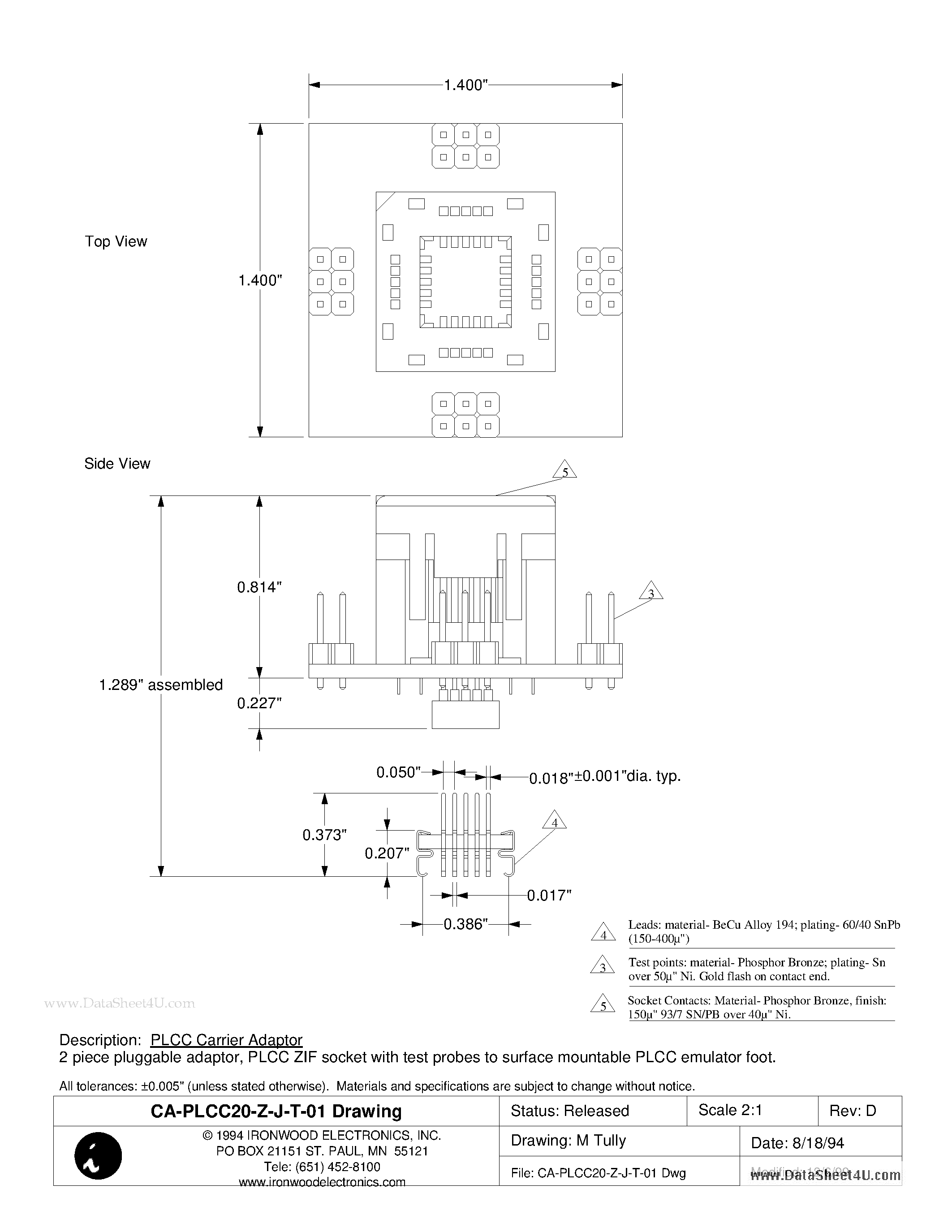 Datasheet CA-PLCC20-Z-J-T-01 - PLCC Carrier Adaptor page 1