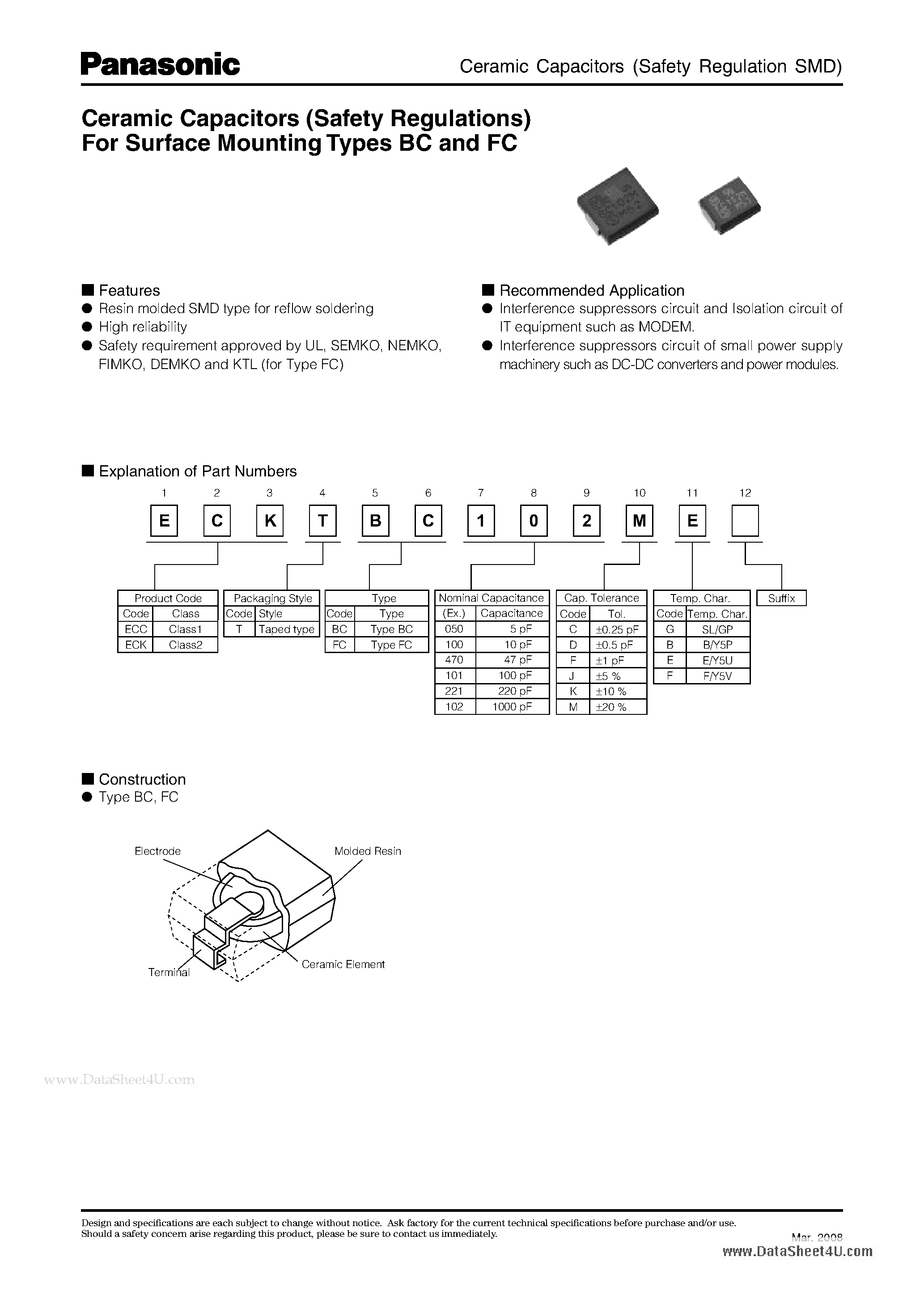 Datasheet ECKTBC102ME page 1 Datasheet ECKTBC102ME - Ceramic Capacitors (Safety Regulation SMD) page 1