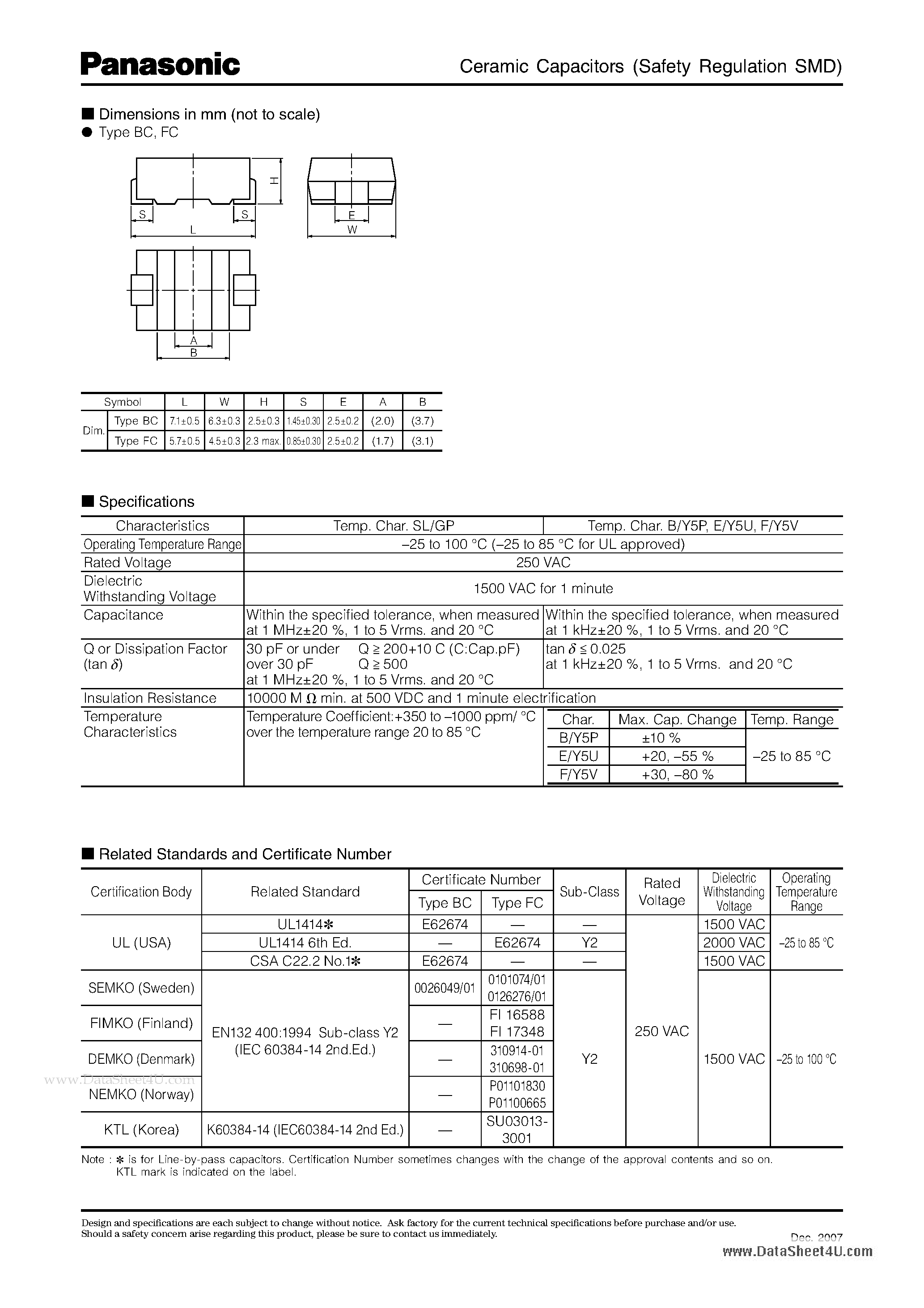 Datasheet ECKTBC102ME page 2 Datasheet ECKTBC102ME - Ceramic Capacitors (Safety Regulation SMD) page 2