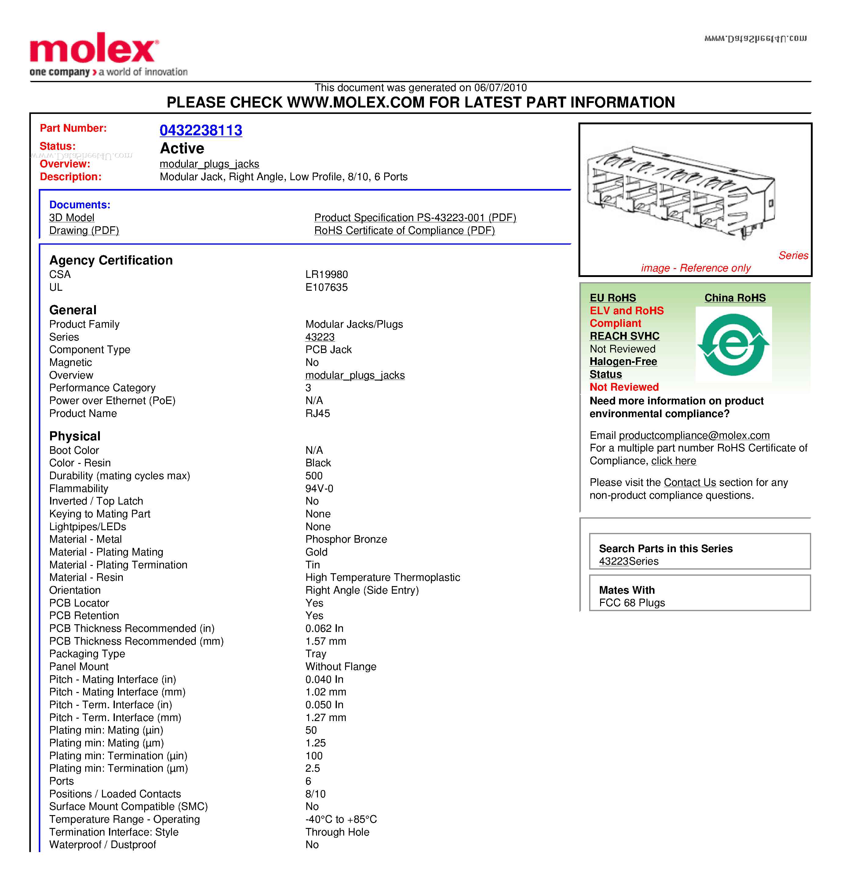 Datasheet A432238113 page 1 Datasheet A432238113 - Modular Jack Right Angle Low Profile 8/10 6 Ports page 1