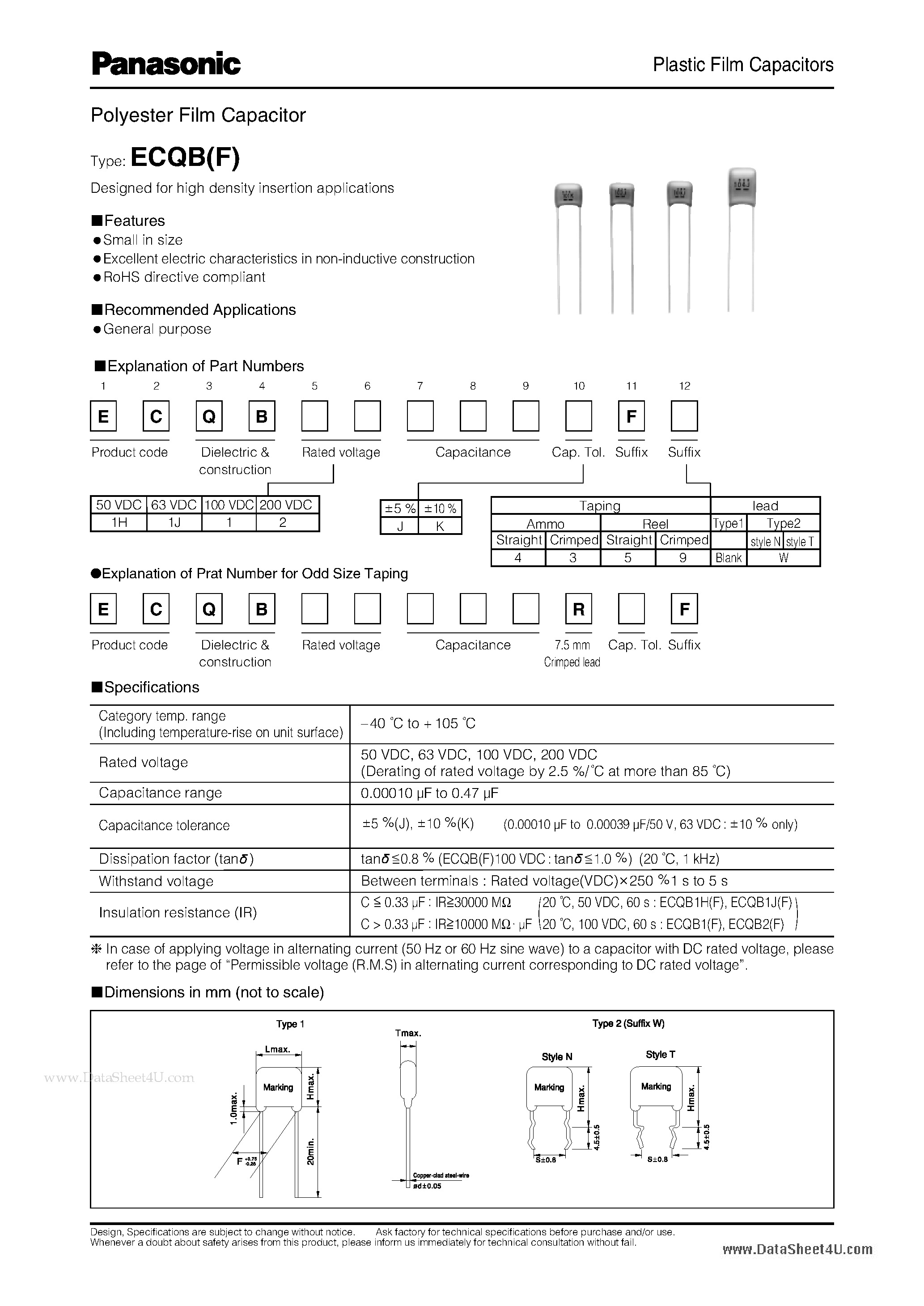 Datasheet ECQBF - Plastic Film Capacitors page 1