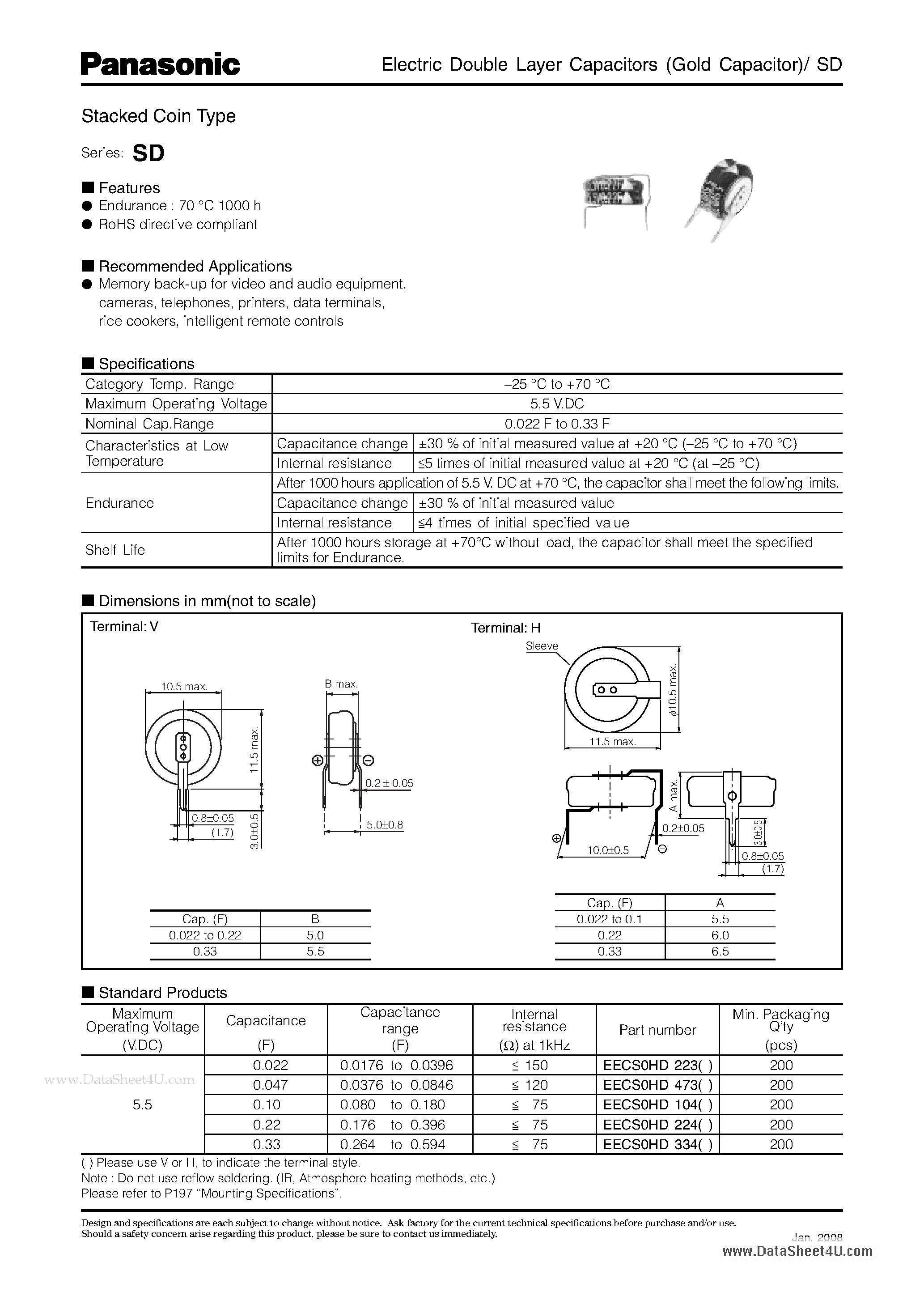 Datasheet EECS0HD104 page 1 Datasheet EECS0HD104 - Electric Double Layer Capacitors (Gold Capacitor)/ SD page 1
