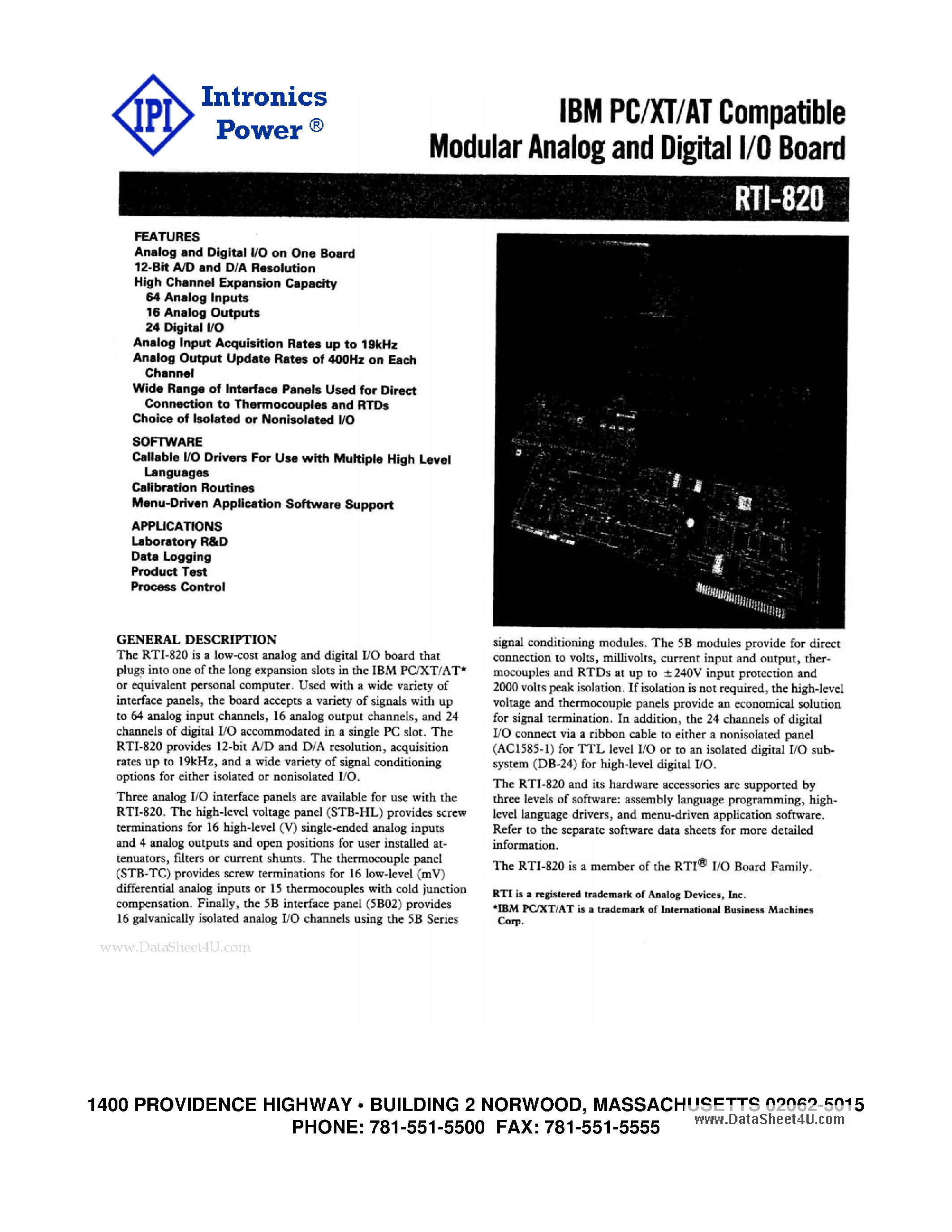 Даташит на микросхему RTI-820 страница 1 Даташит RTI-820 - IBM PC/XT/AT Compatible Modular Analog and Digital I/O Board страница 1