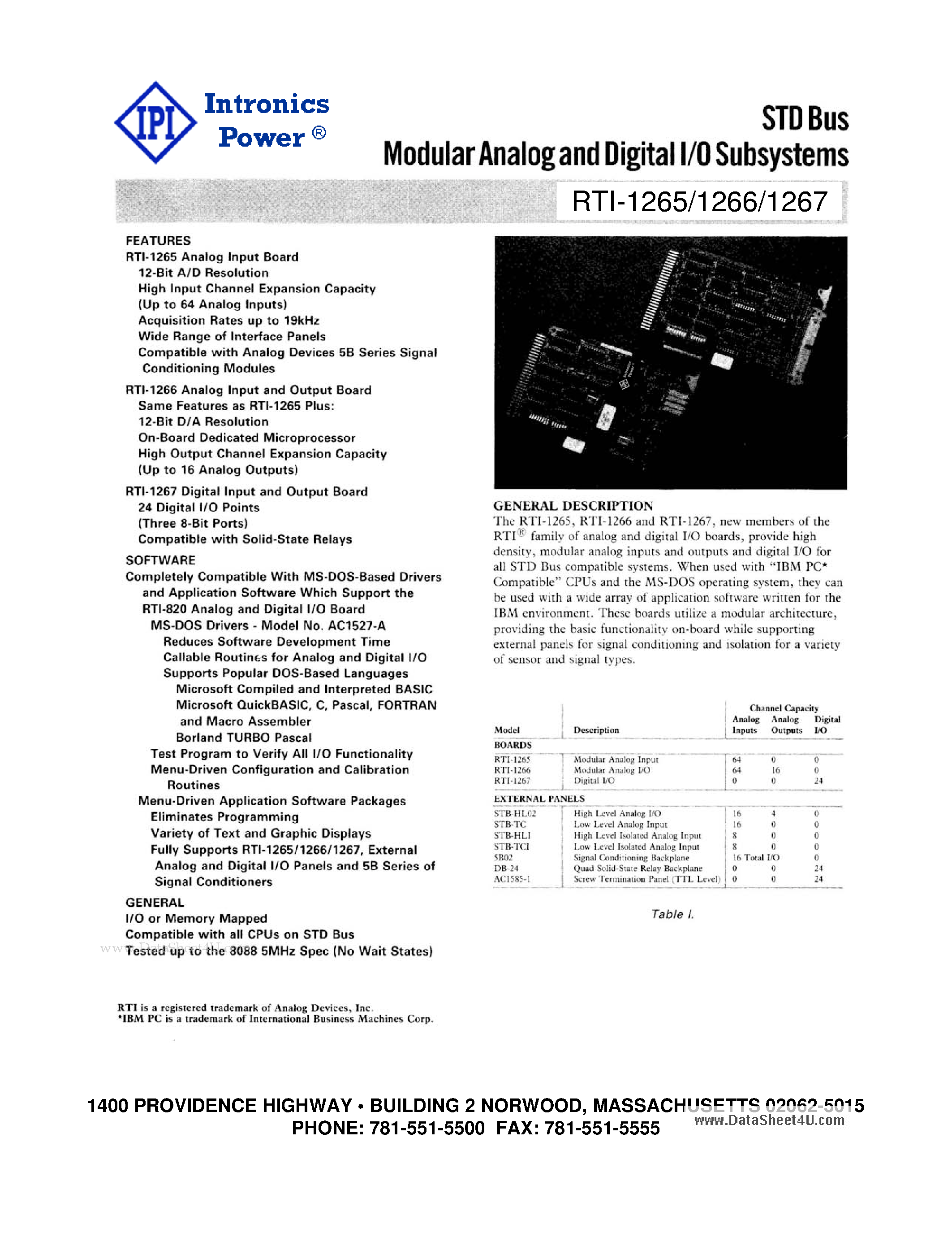 Datasheet RTI-1265 - STD Bus Modular Analog and Digital I/O Subsystems page 1