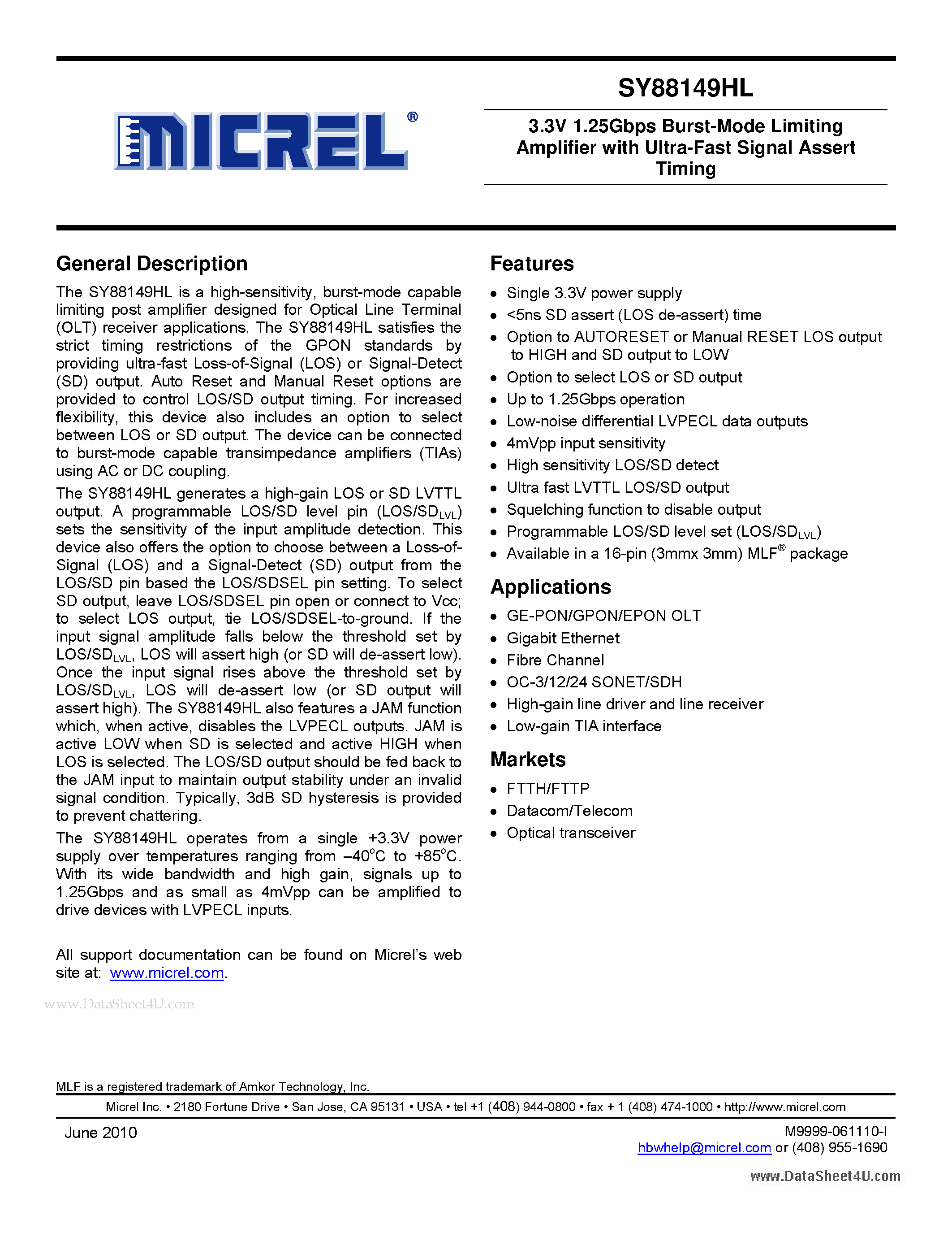 Datasheet SY88149HL - 3.3V 1.25Gbps Burst-Mode Limiting Amplifier page 1