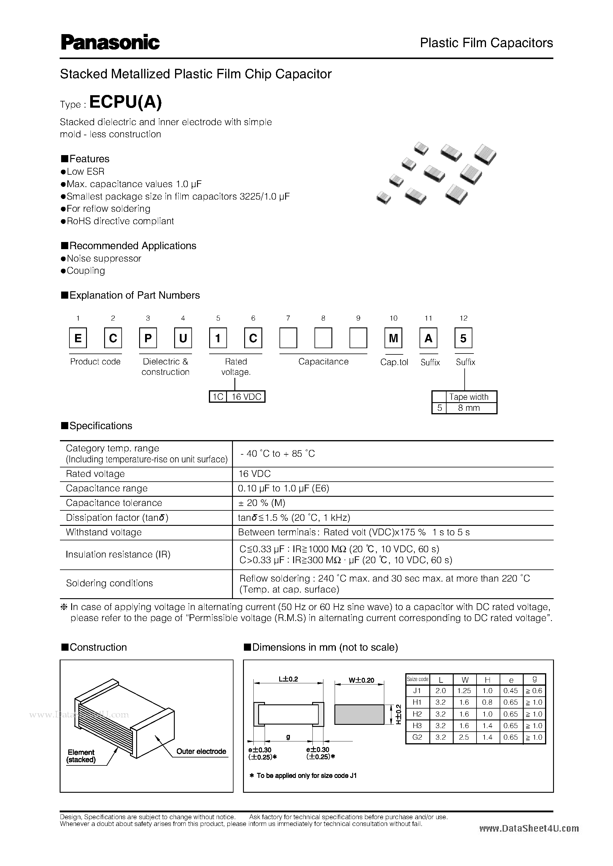 Datasheet ECPU1CMA5 page 1 Datasheet ECPU1CMA5 - Plastic Film Capacitors page 1