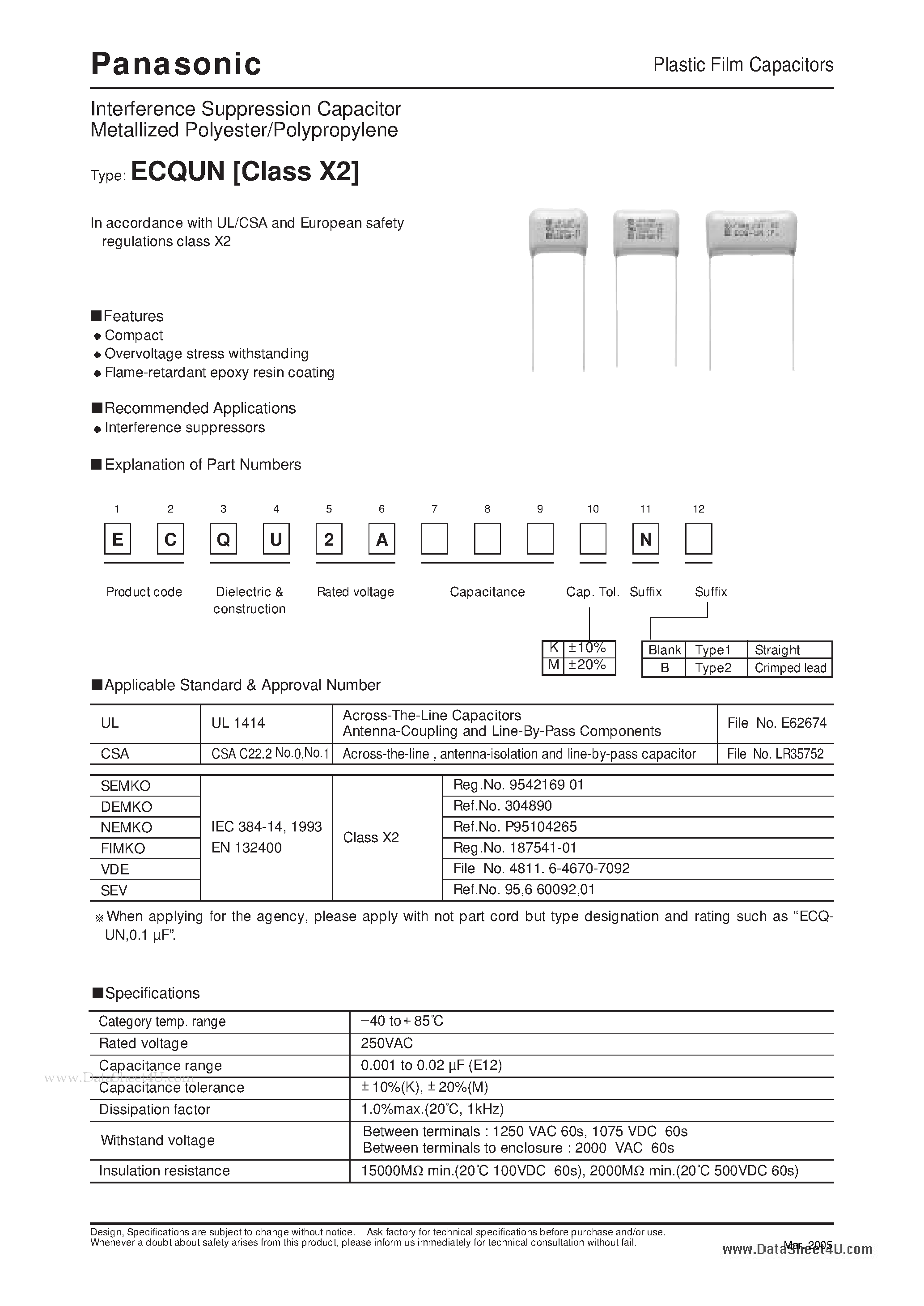 Datasheet ECQU2AN - Plastic Film Capacitors page 1