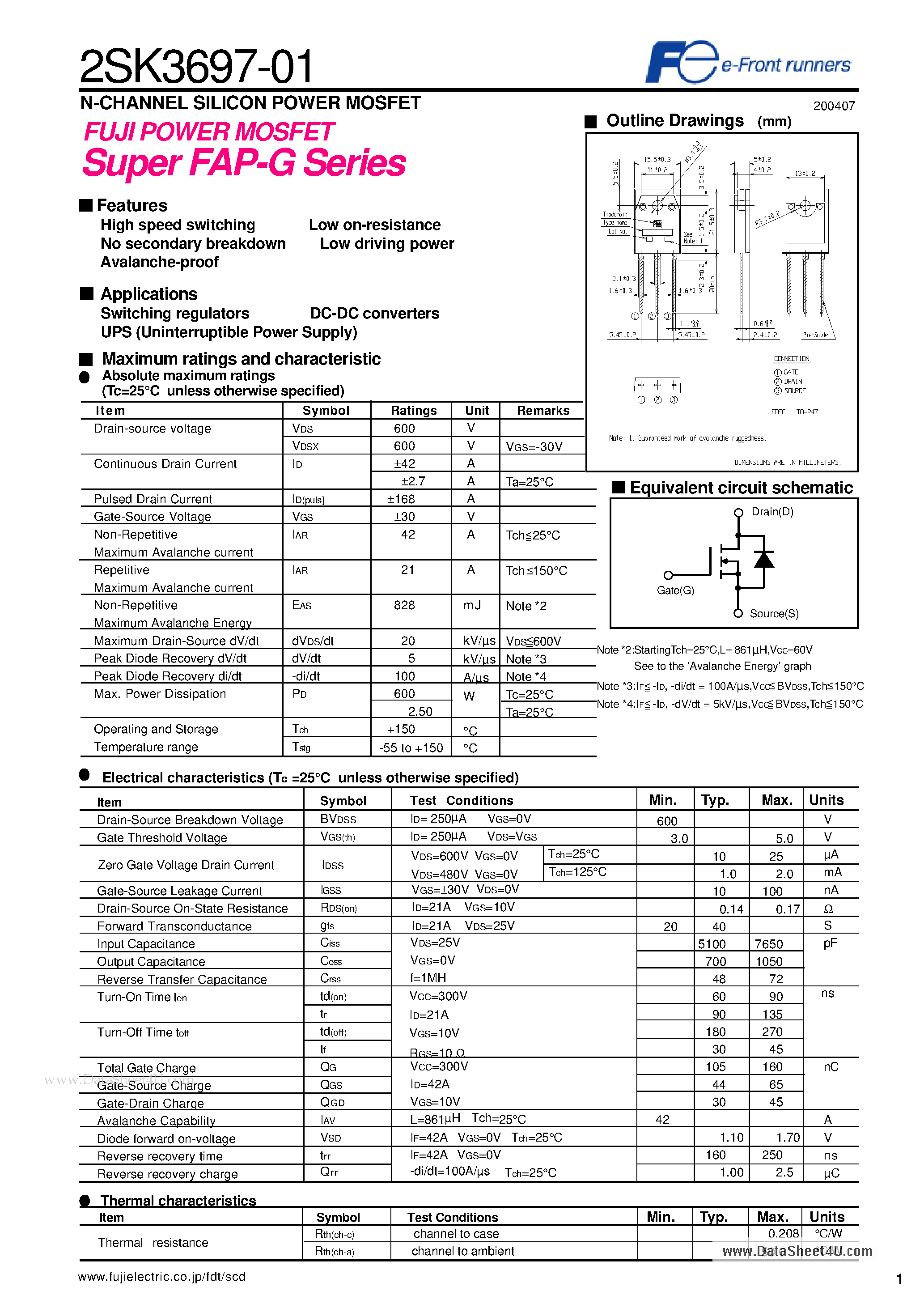 Datasheet 2SK3697-01 - N-CHANNEL SILICON POWER MOSFET page 1