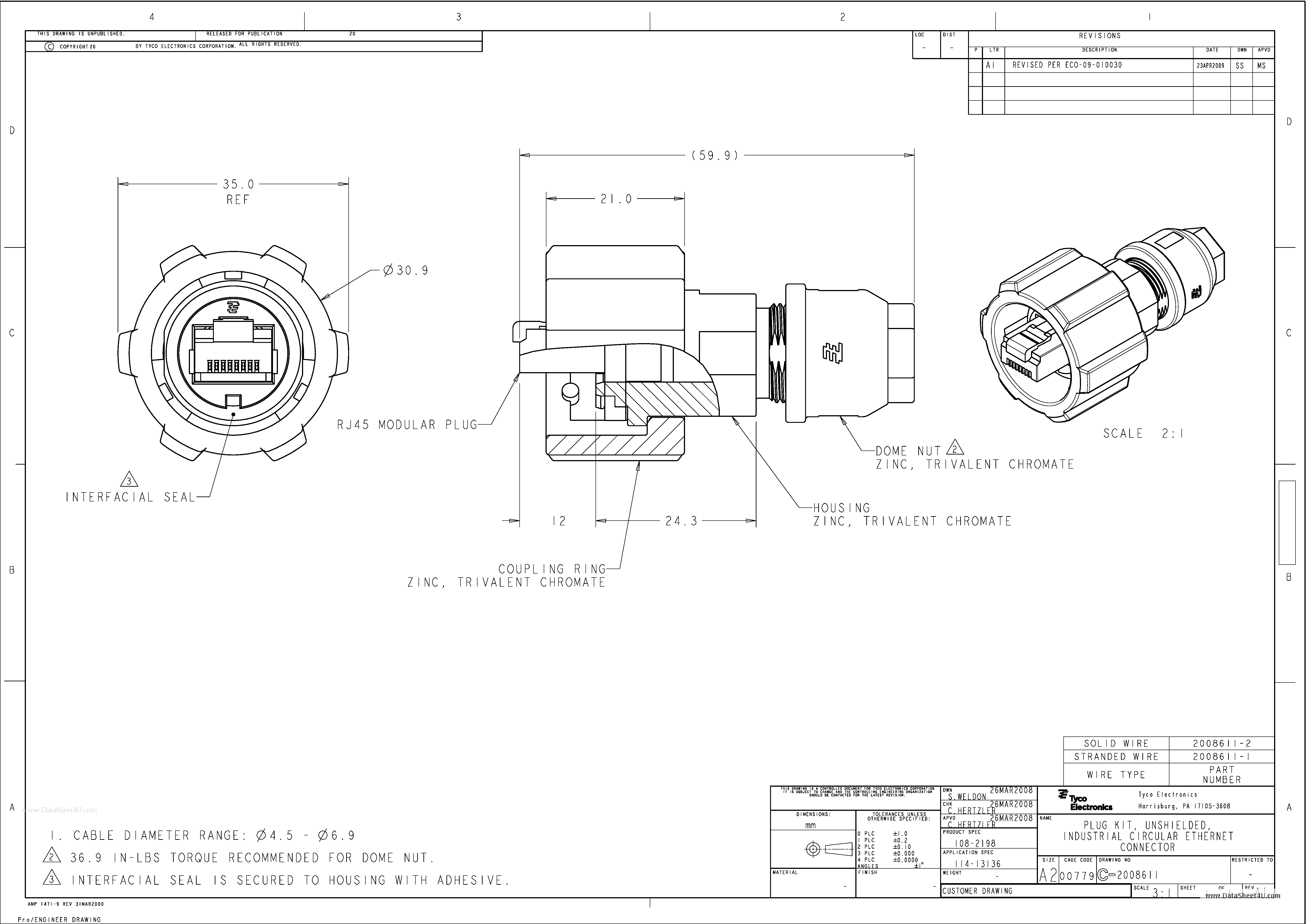 Datasheet C-2008611 - PLUG KIT UNSHIELDED INDUSTRIAL CIRCULAR ETHERNET CONNECTOR page 1