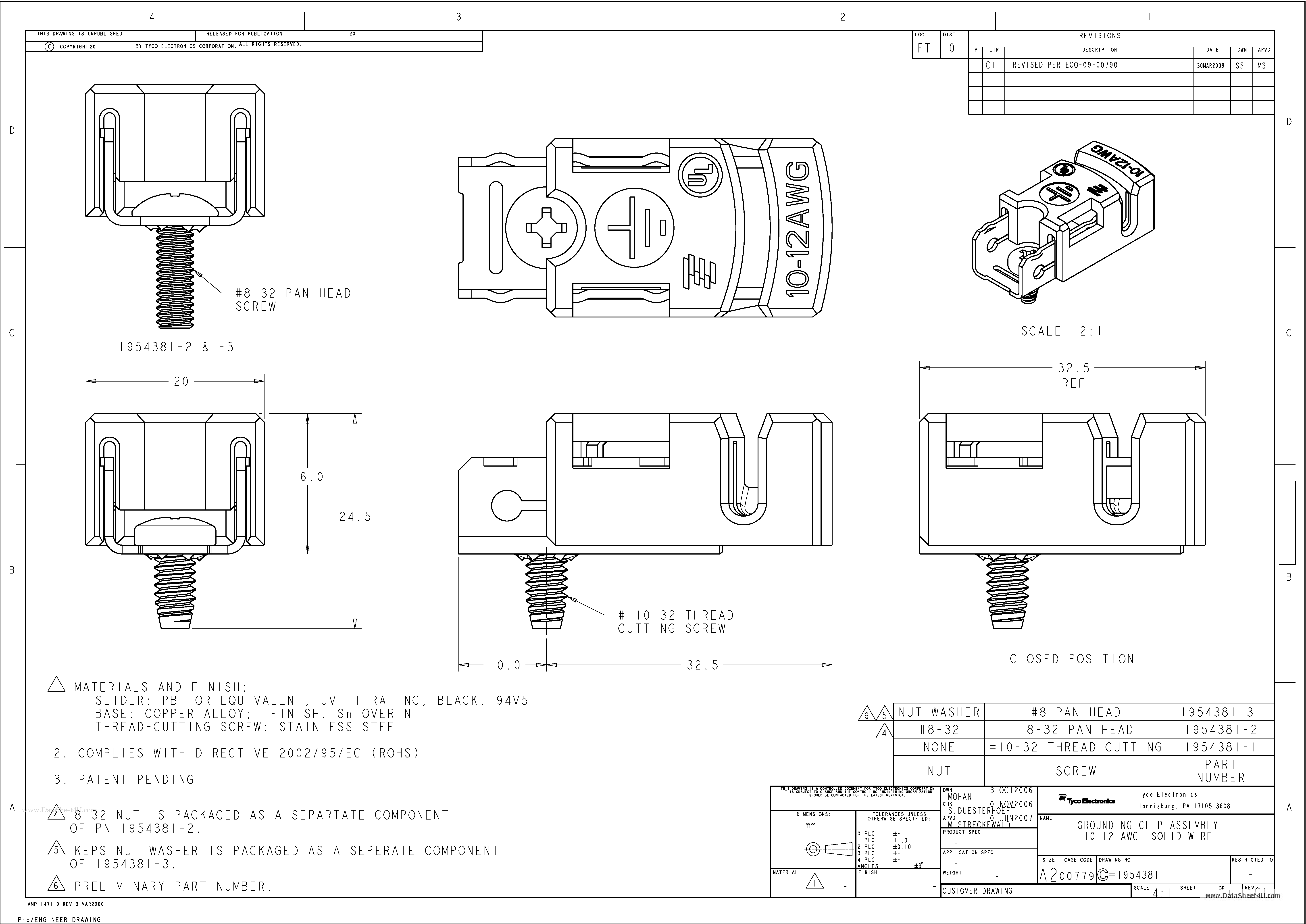 Datasheet C-1954381 - GROUNDING CLIP ASSEMBLY 10-12 AWG SOLID WIRE page 1