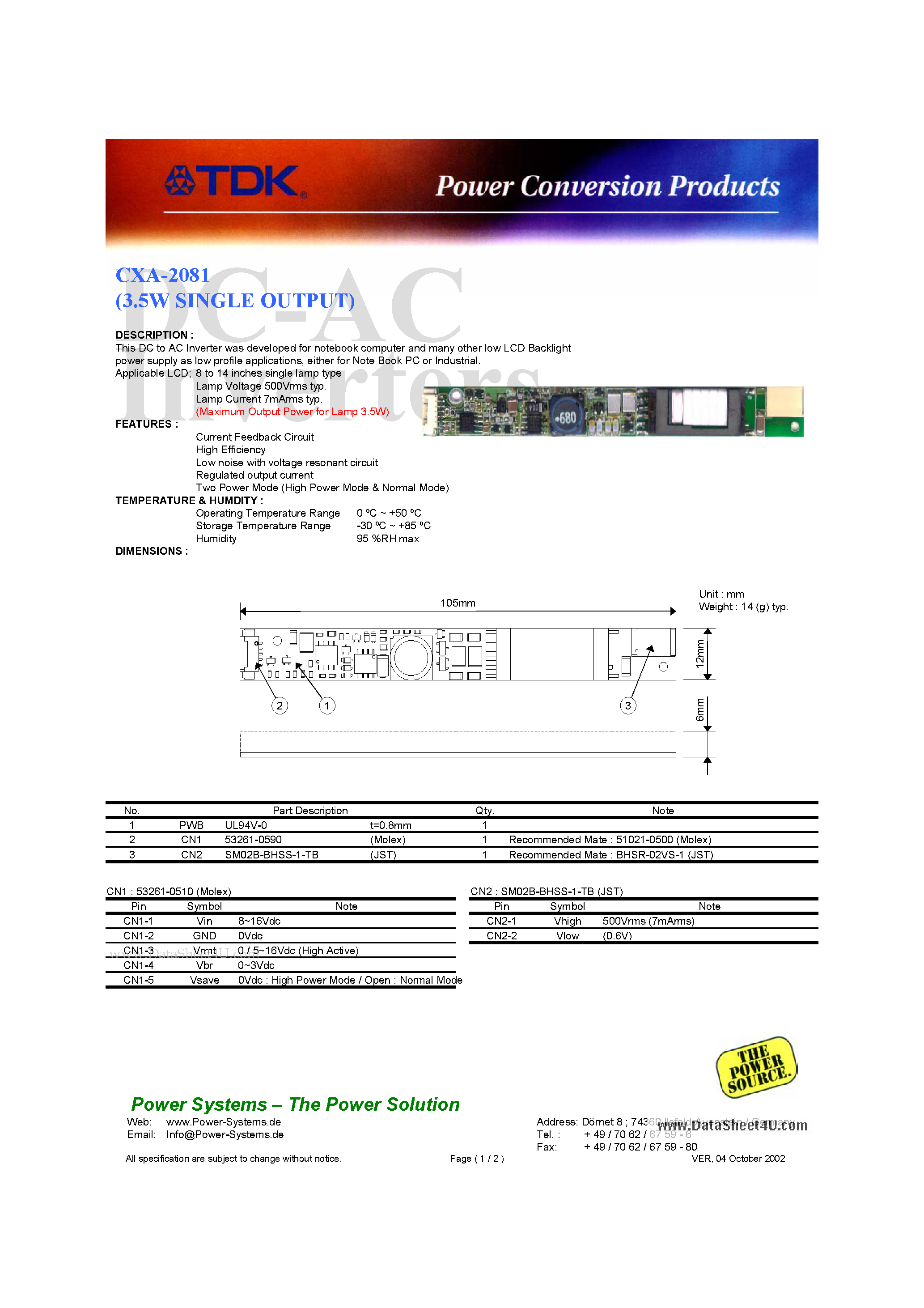 Datasheet CXA-2081 page 1 Datasheet CXA-2081 - DC-AC Inverters page 1