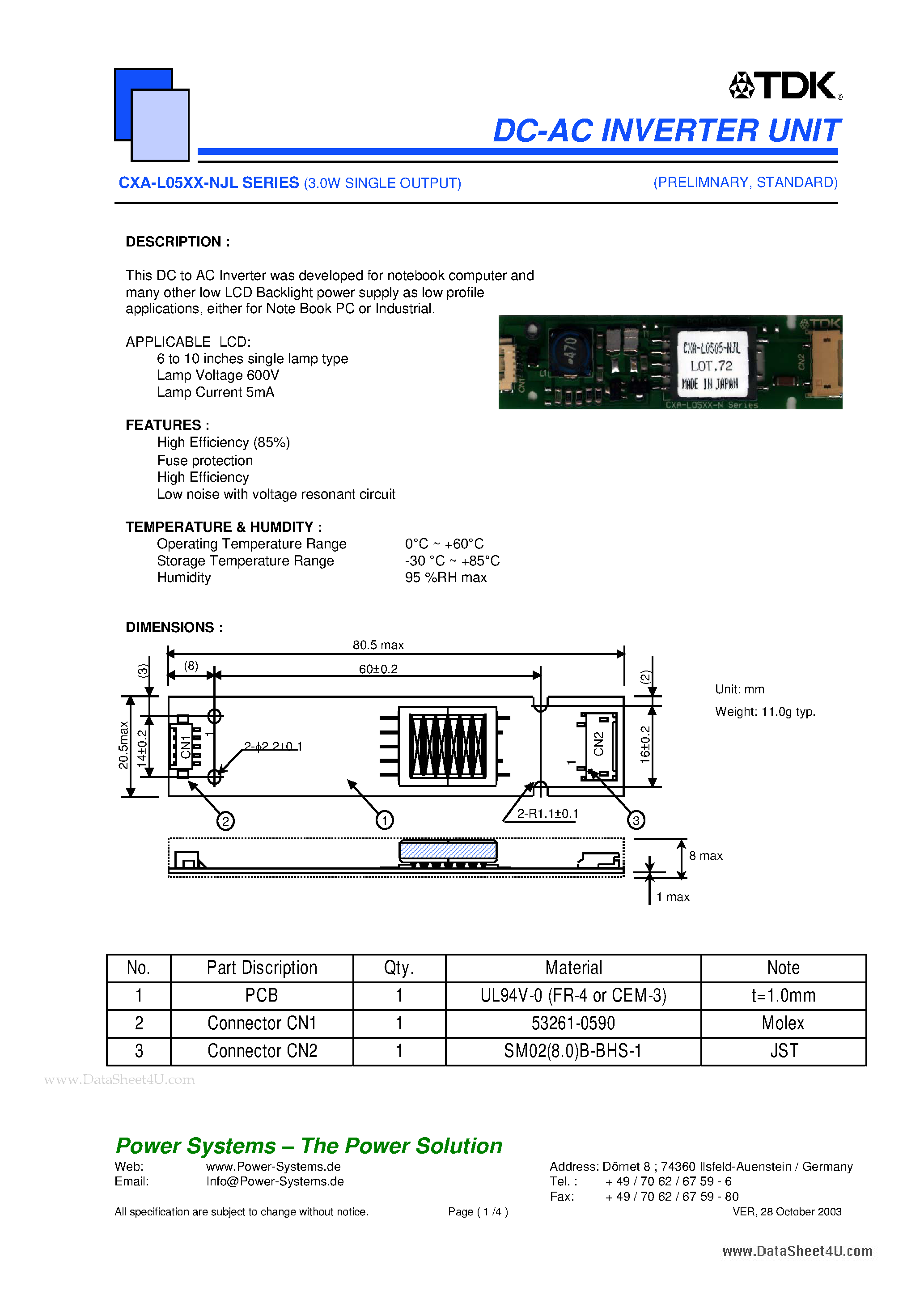 Datasheet CXA-L0505-NJL page 1 Datasheet CXA-L0505-NJL - DC-AC INVERTER UNIT page 1